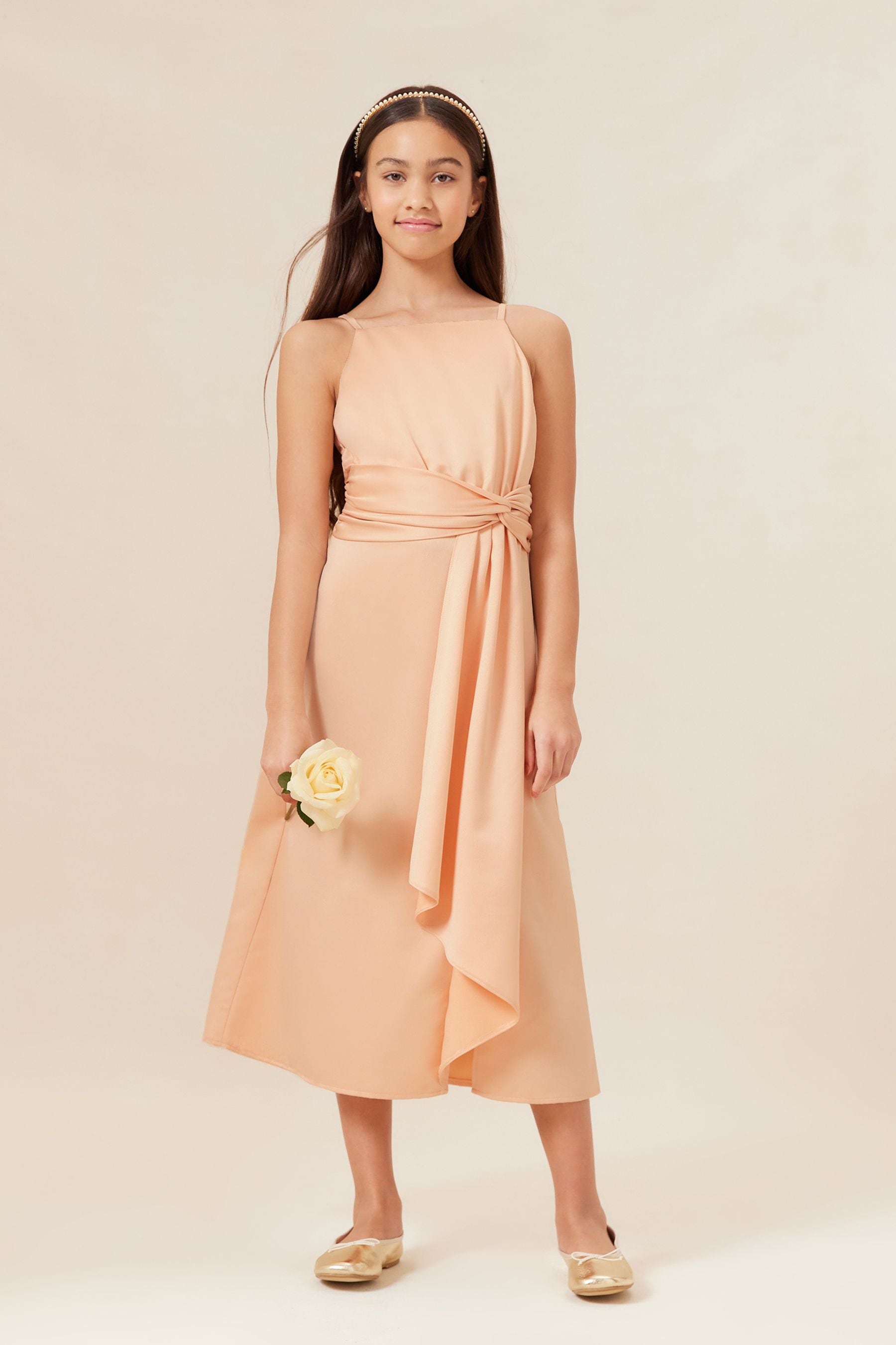 Champagne Gold Pink Strap Maxi Prom Dress