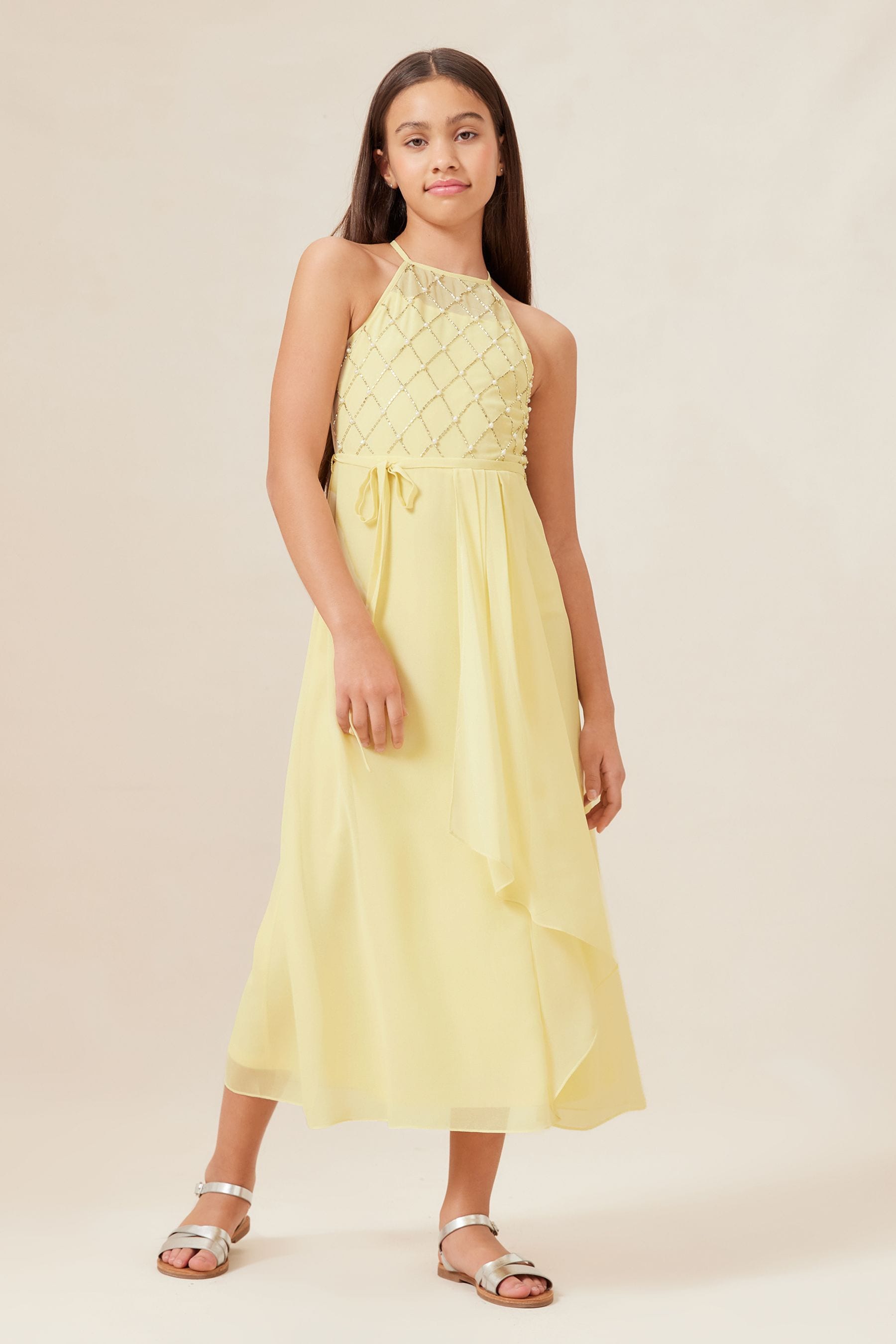 Lemon Yellow Strap Maxi Pearl Occasion Dress (7-16yrs)