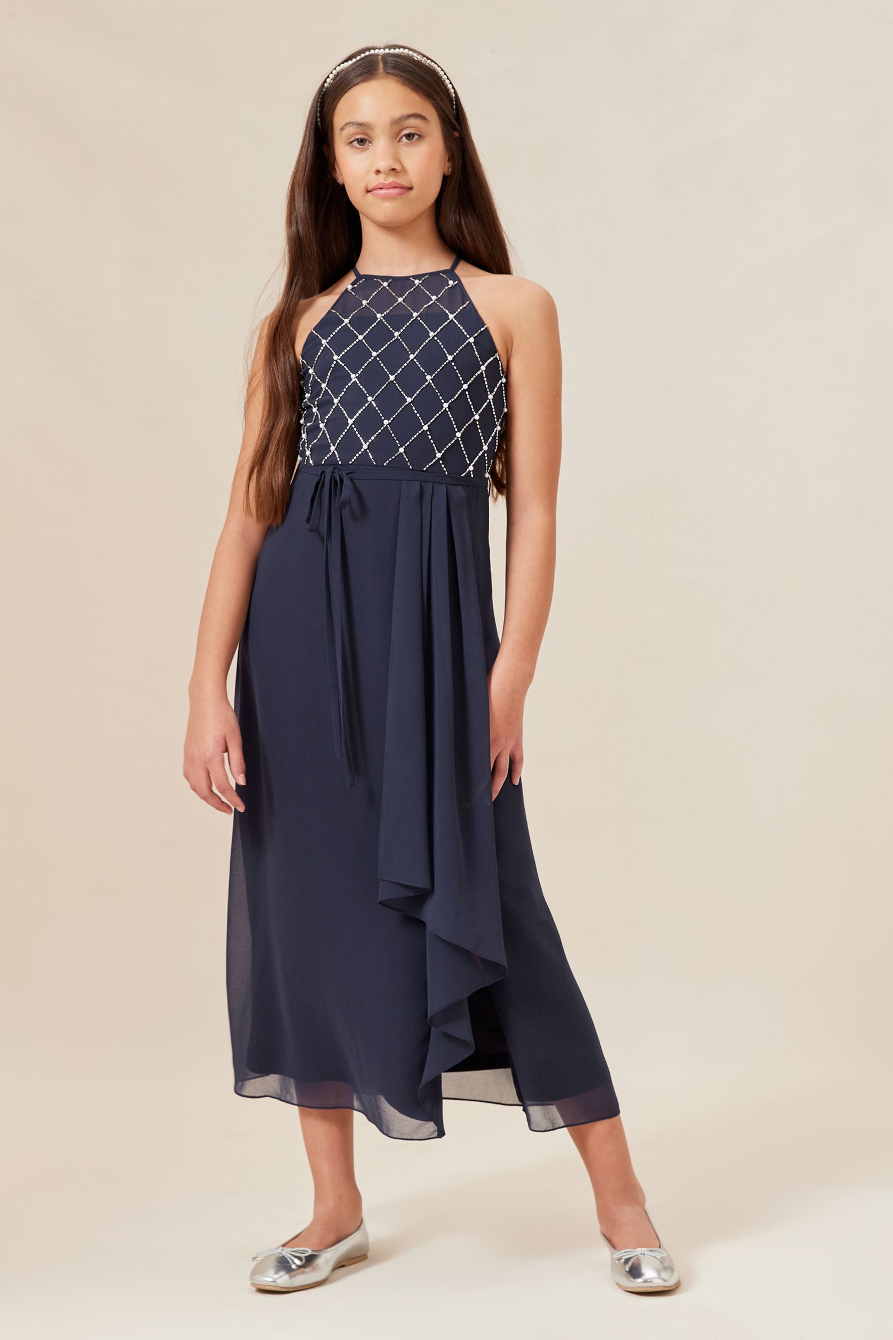 Navy Blue Strap Maxi Pearl Occasion Dress (7-16yrs)