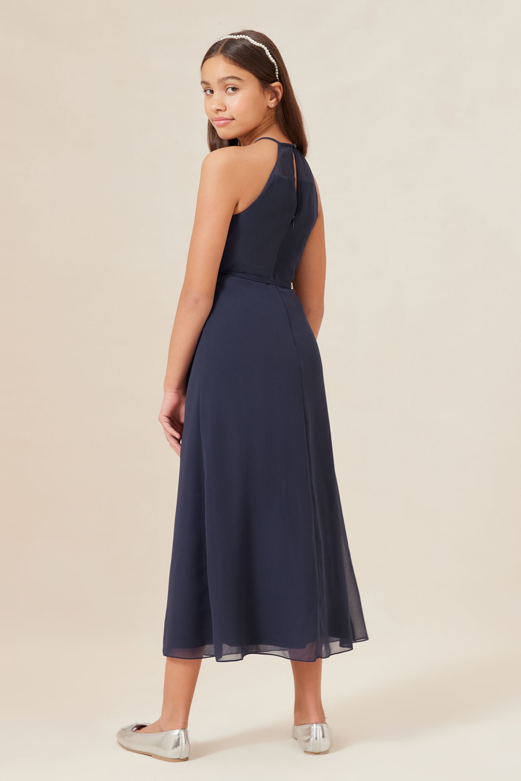 Navy Blue Strap Maxi Pearl Occasion Dress (7-16yrs)