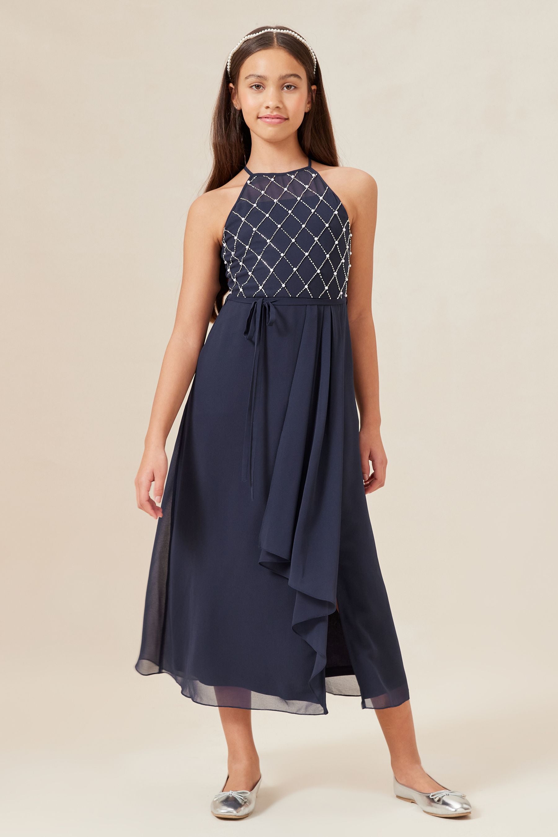 Navy Blue Strap Maxi Pearl Occasion Dress (7-16yrs)