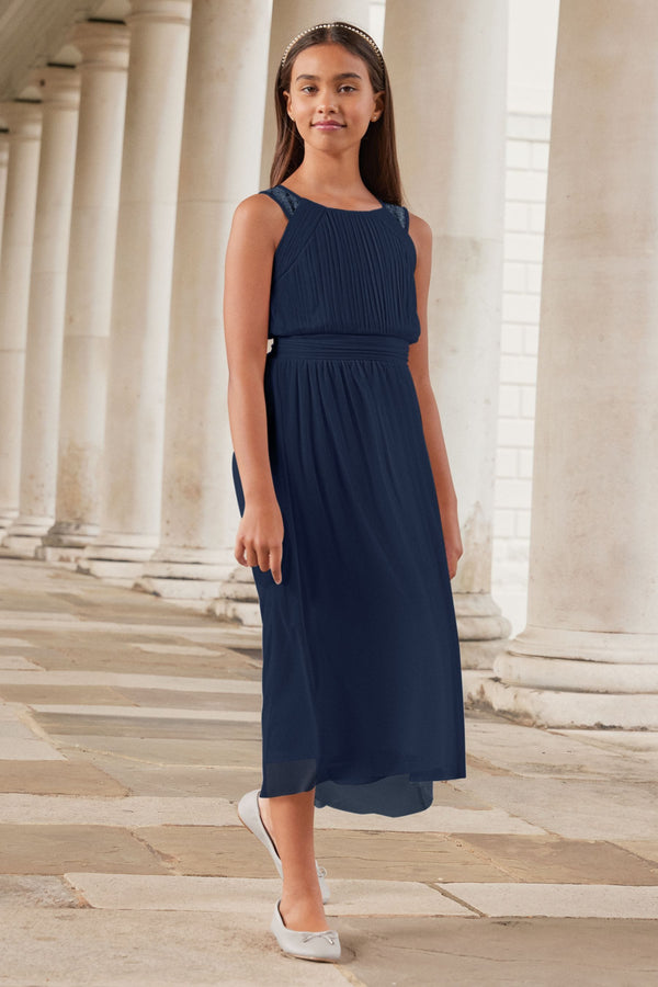 Navy Blue Embellished Strap Midi Occasion Dress