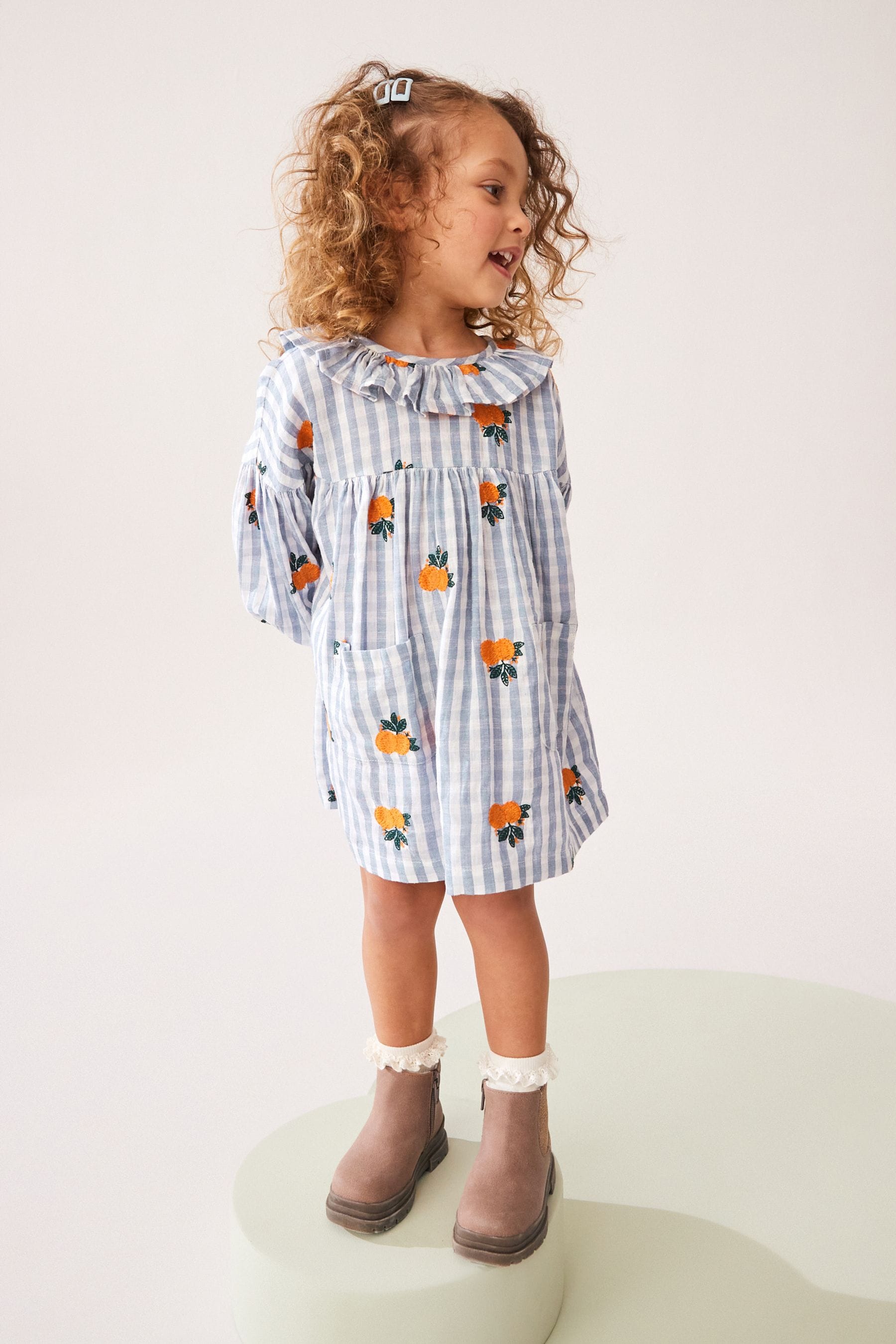 Blue Gingham Embroidered Collar 100% Cotton Dress (3mths-8yrs)