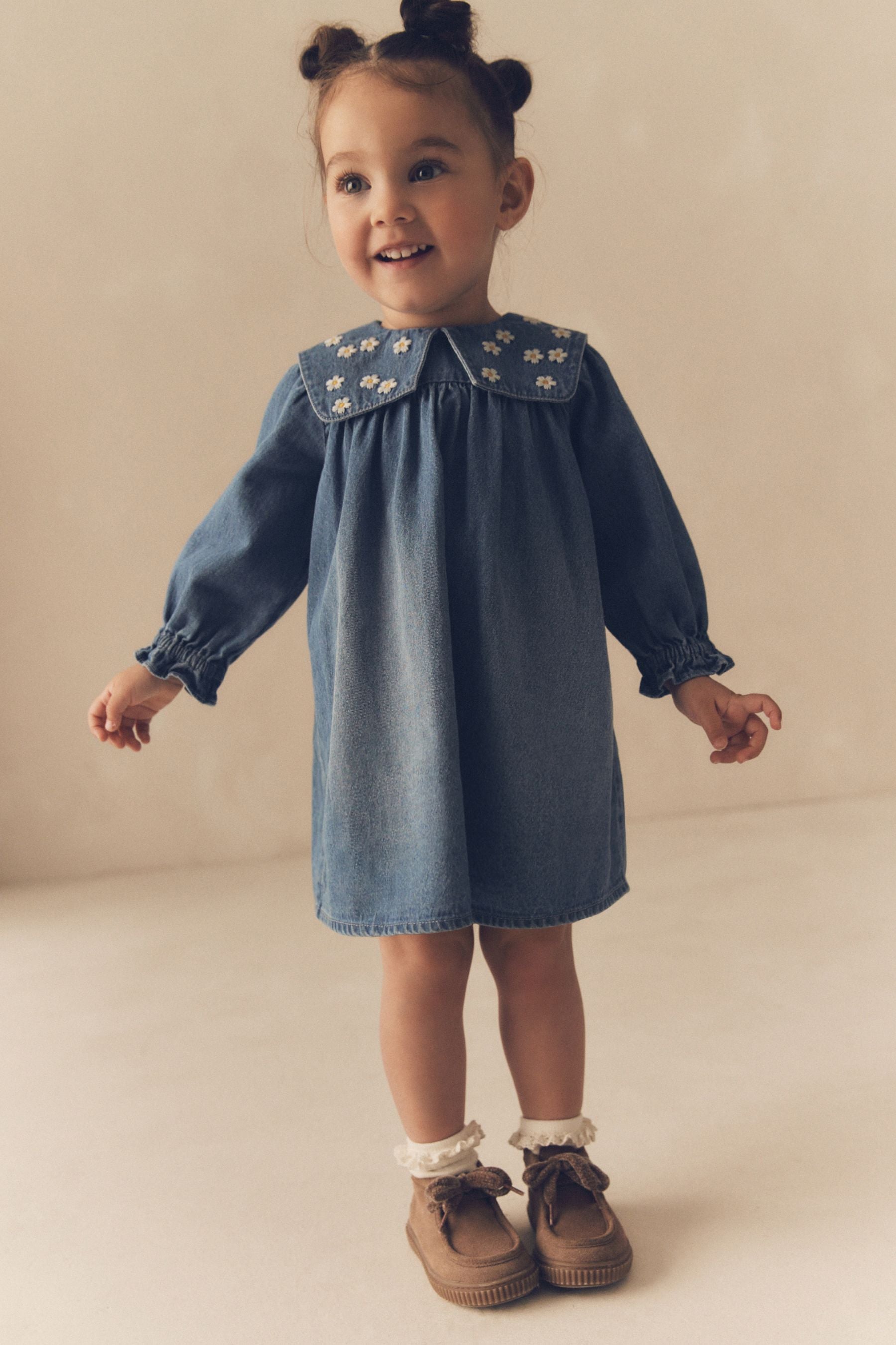 Blue Daisy 100% Cotton Denim Embroidery Collar Dress (3mths-8yrs)