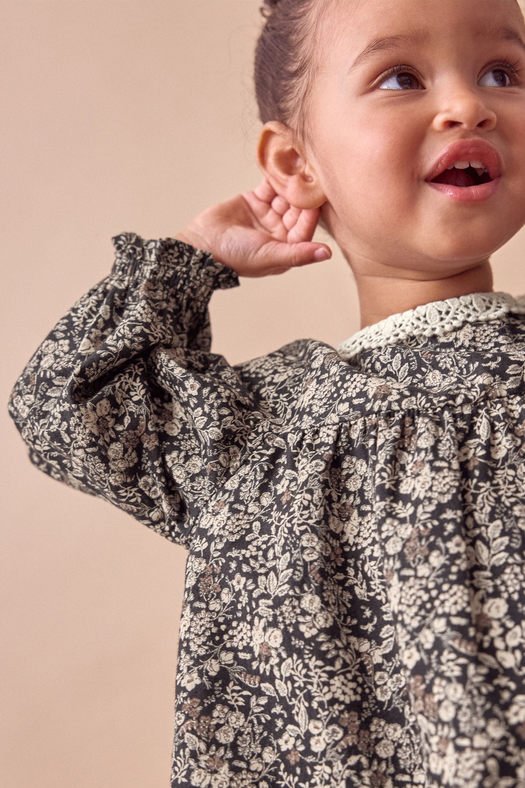 Black Ditsy 100% Cotton Lace Collar Dress And Tights Set (3mths-8yrs)