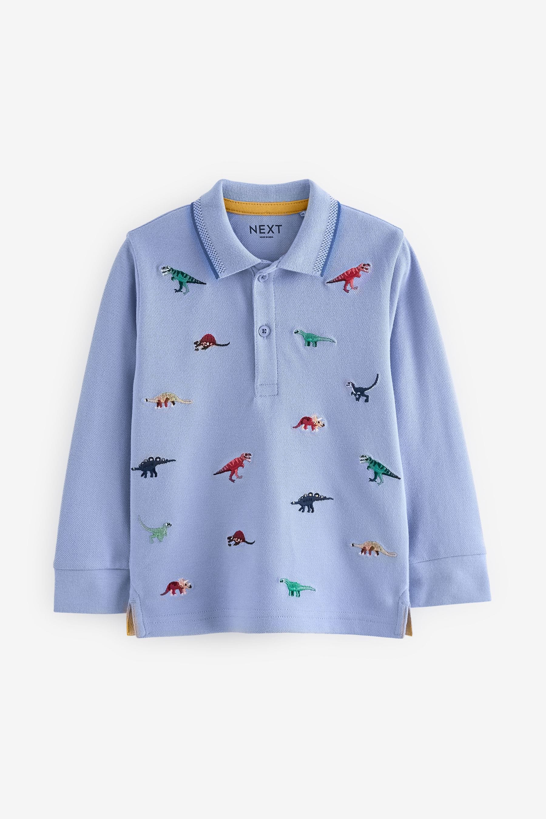 Blue Dinosaurs Long Sleeve 100% Cotton All-Over Embroidered Polo Shirt (3mths-7yrs)