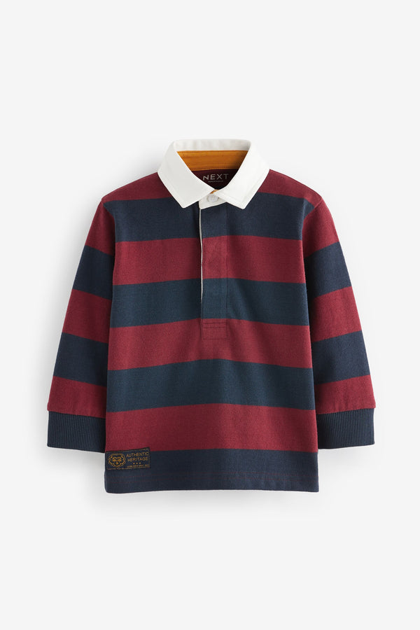 Navy/Red Stripe 100% Cotton Long Sleeve Rugby Polo Shirt (3mths-7yrs)