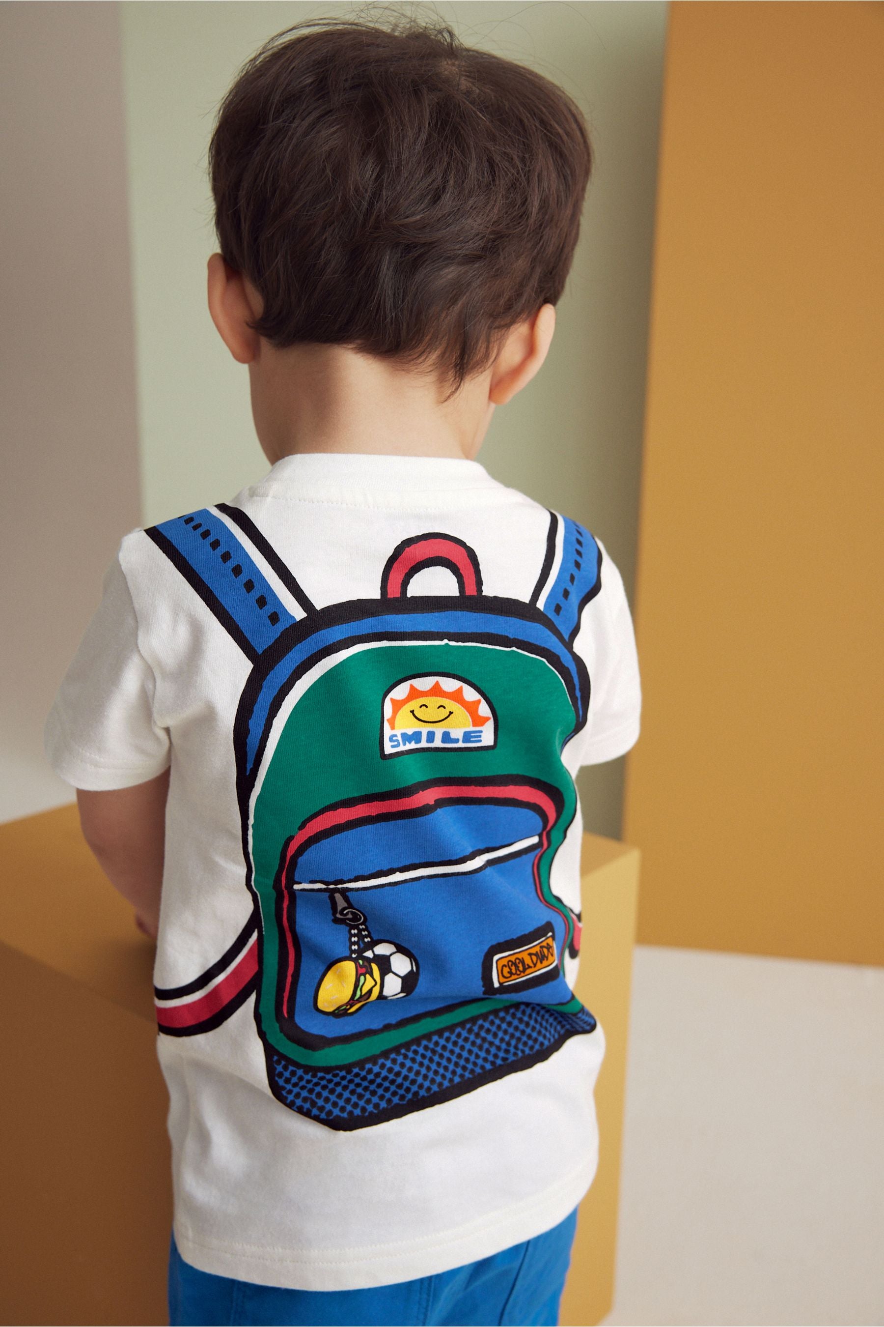 White 100% Cotton Short Sleeve Printed Back Pack T-Shirt (3mths-7yrs)