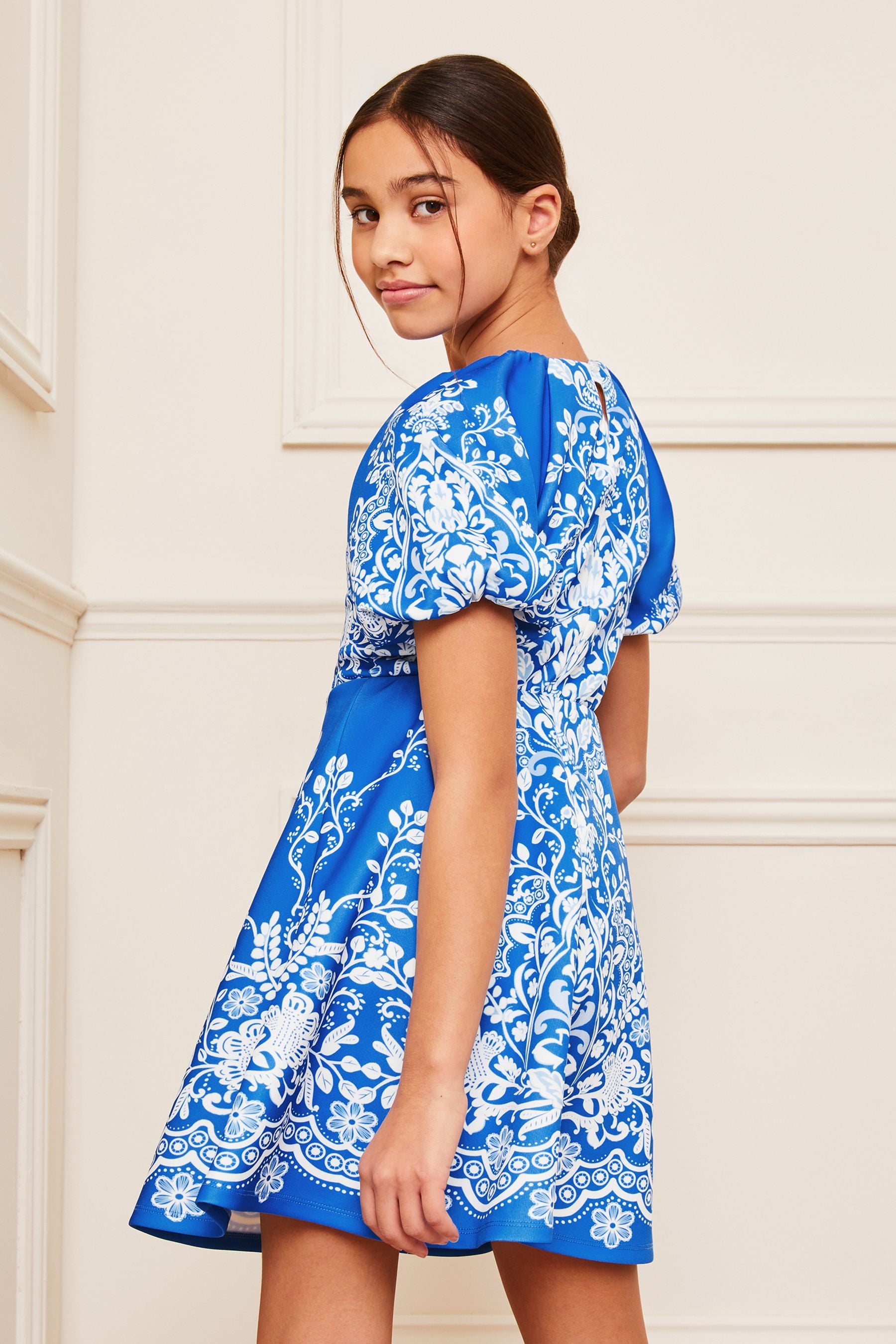 Lipsy Blue/White Print Puff Sleeve Scuba Occasion Dress (5-16yrs)