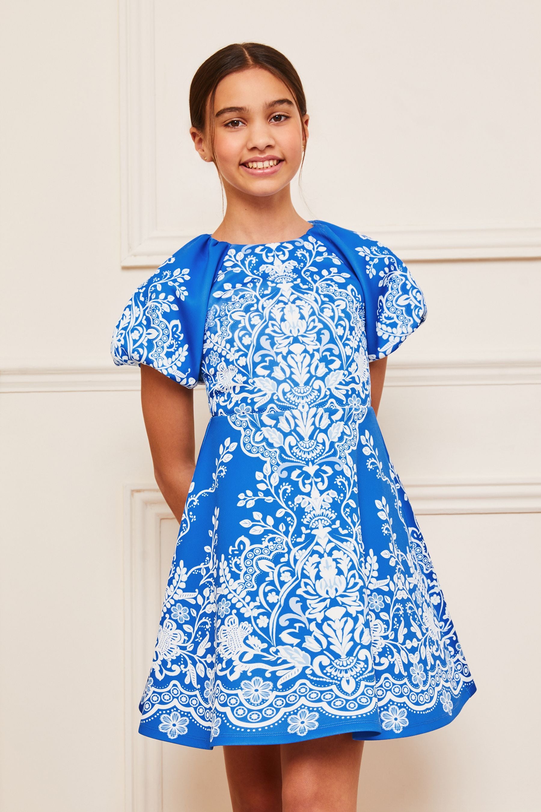 Lipsy Blue/White Print Puff Sleeve Scuba Occasion Dress (5-16yrs)