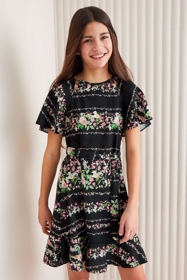 Black Cut Out Flutter Sleeve Dress (5-16yrs)