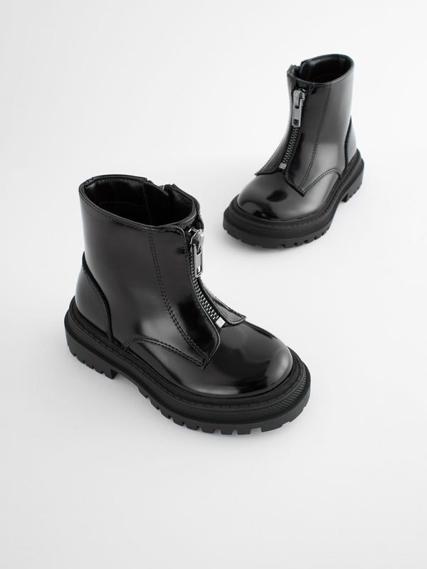 Black Patent Zip Front Chunky Boots