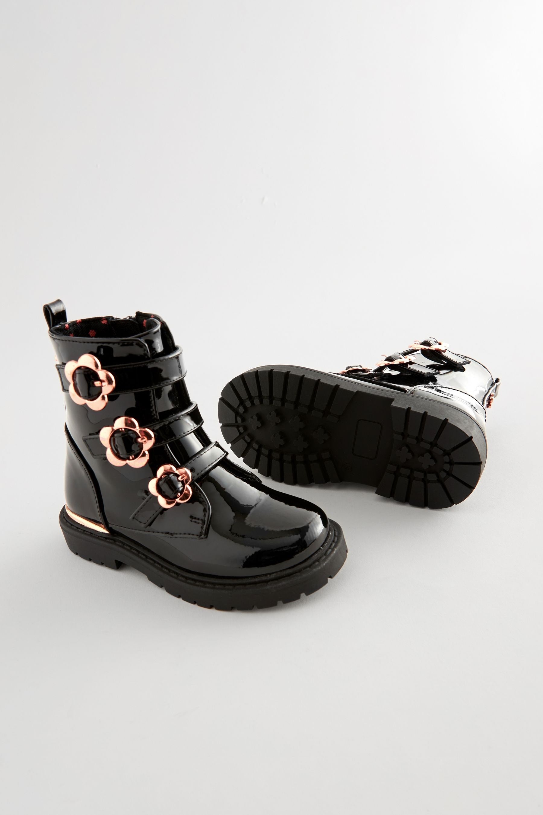 Black Patent Floral Buckle Boots