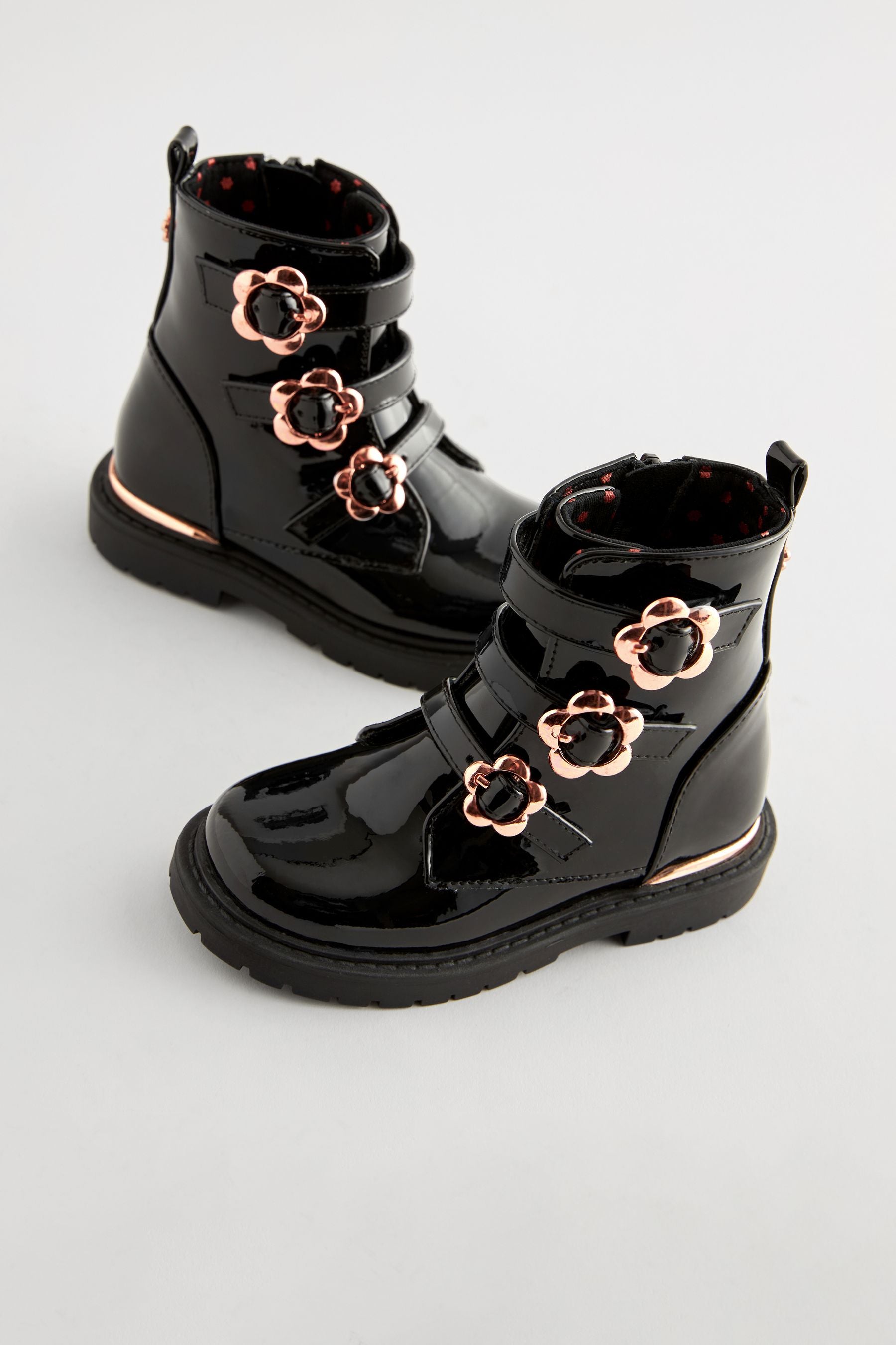 Black Patent Floral Buckle Boots