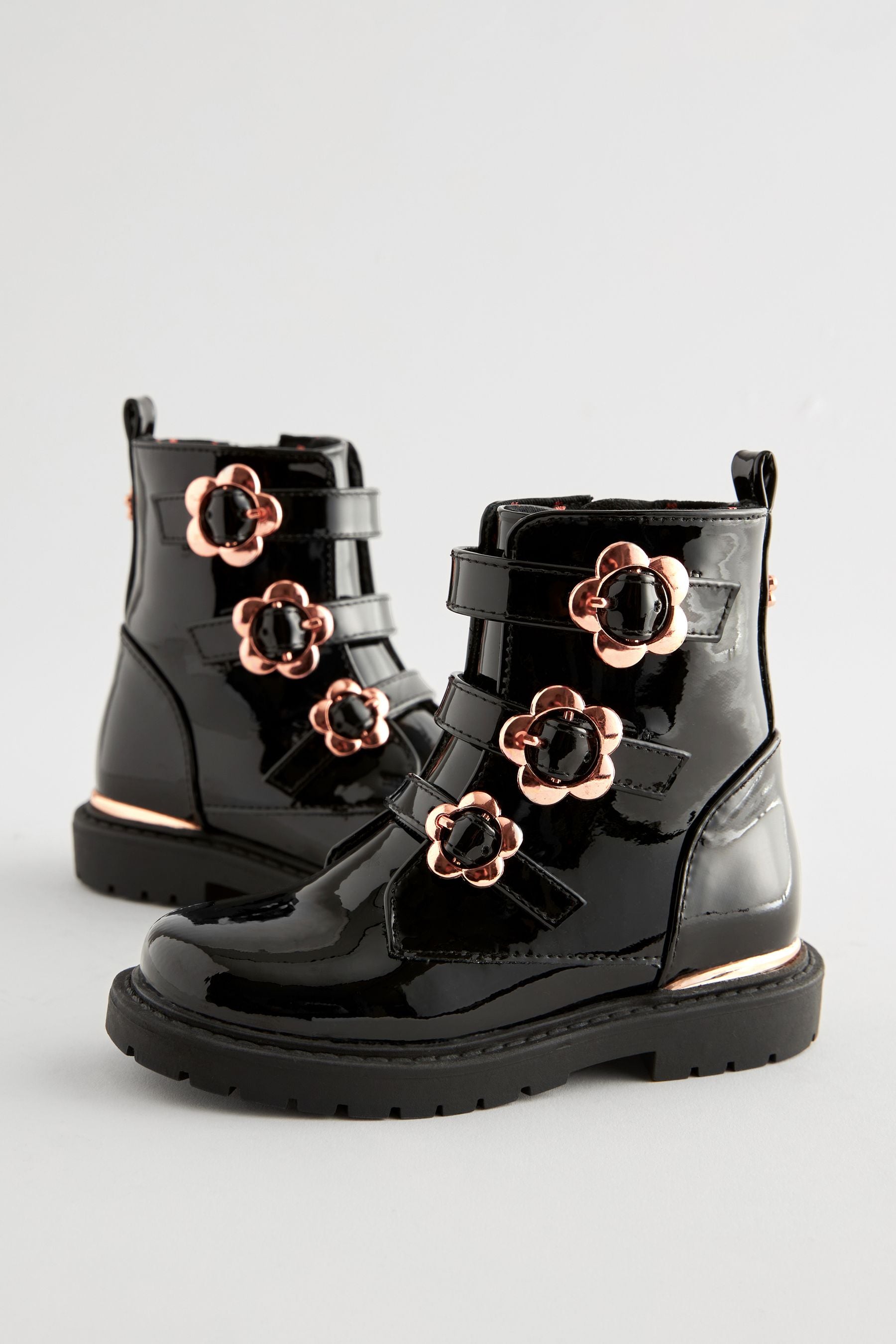 Black Patent Floral Buckle Boots