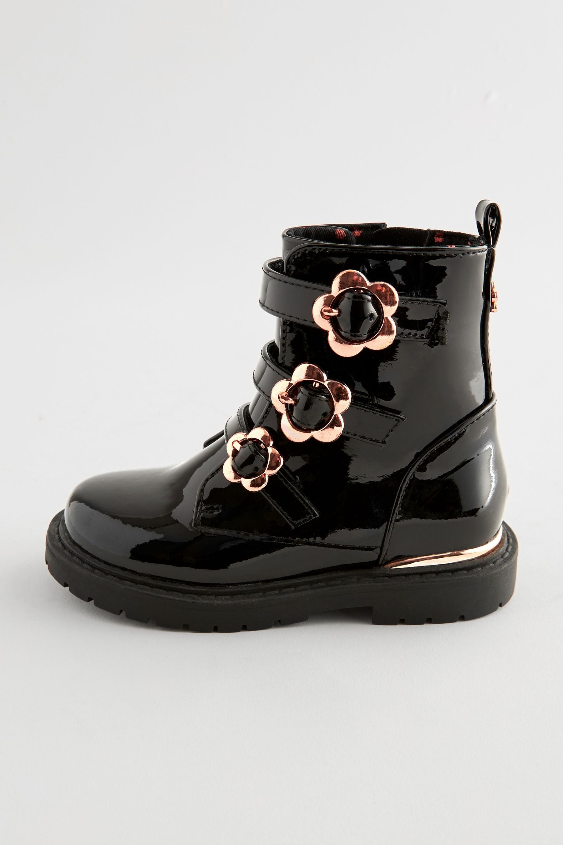 Black Patent Floral Buckle Boots