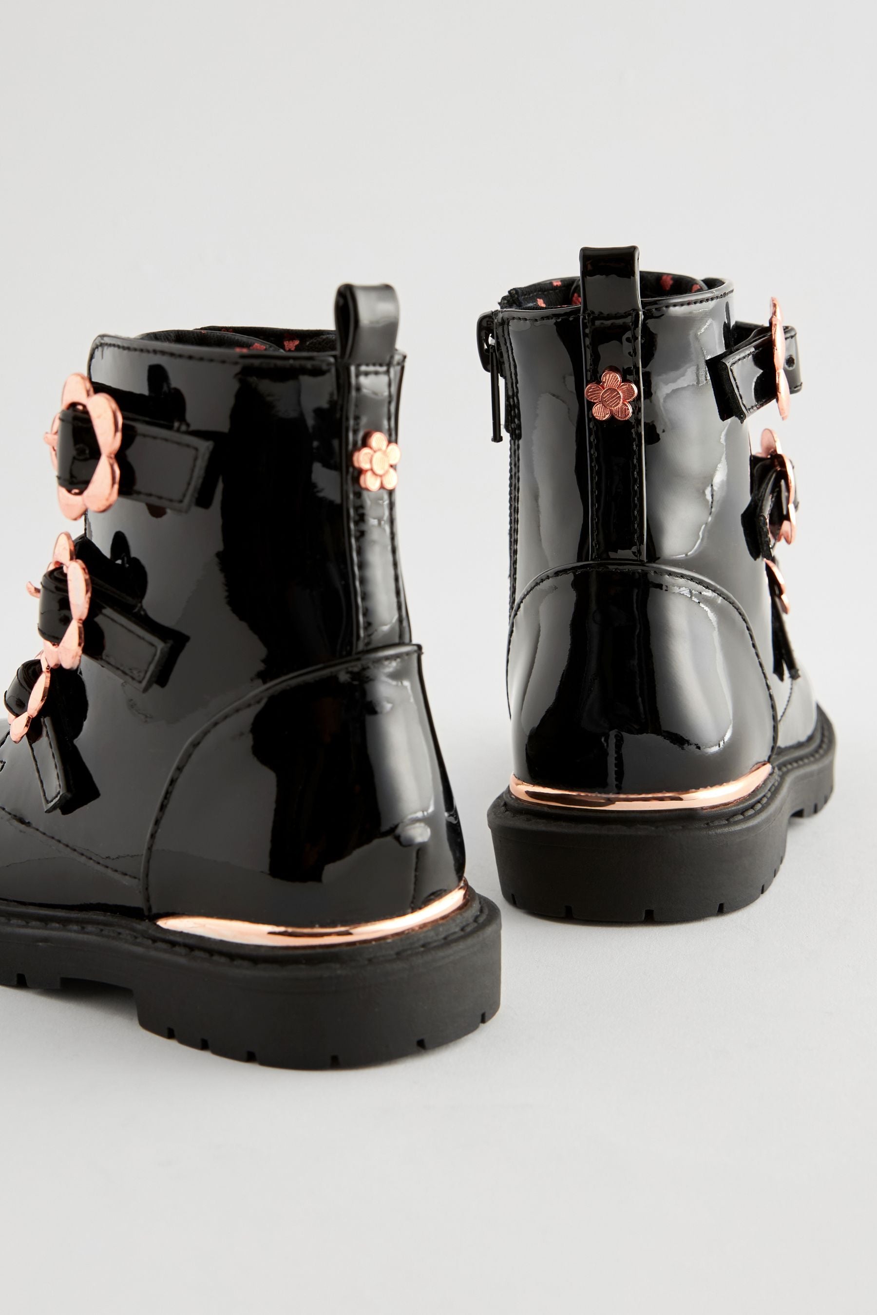 Black Patent Floral Buckle Boots