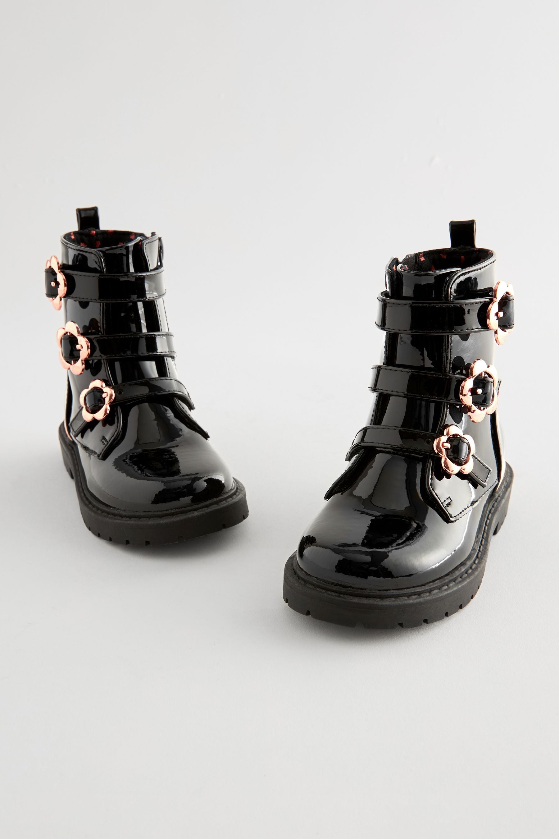 Black Patent Floral Buckle Boots