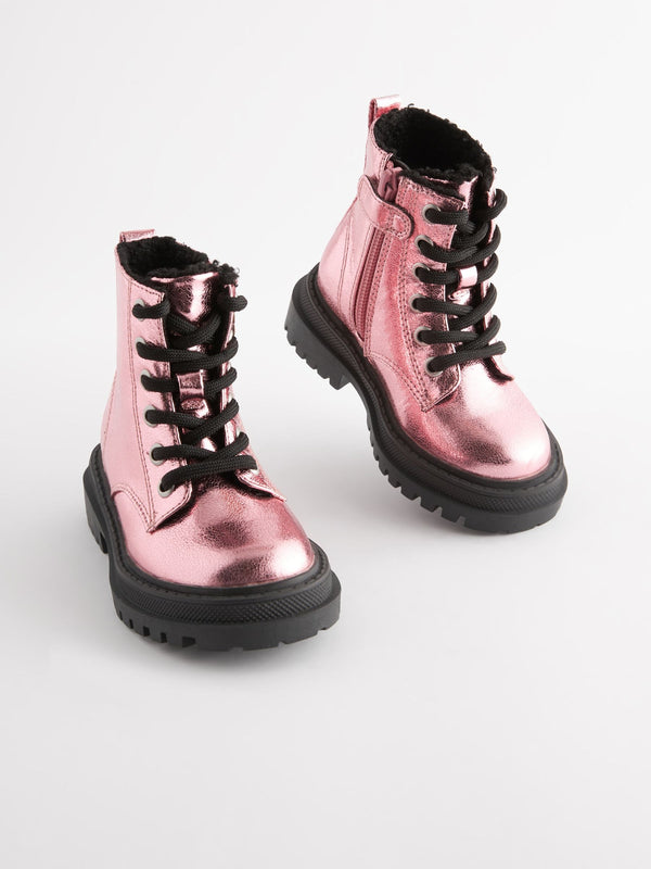 Pink Metallic Chunky Lace-Up Ankle Boots