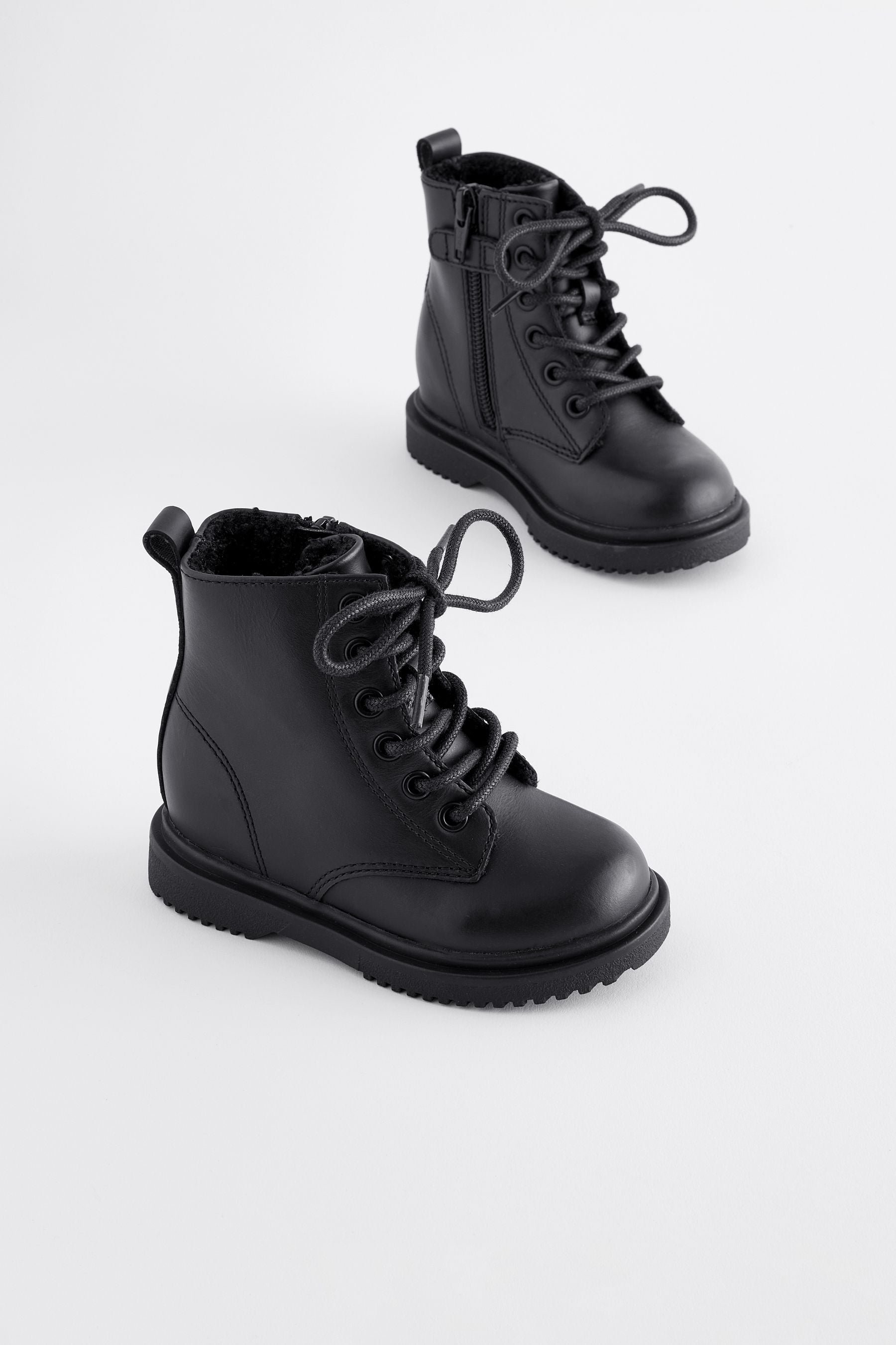 Black Leather Warm Lined Lace-Up Boots