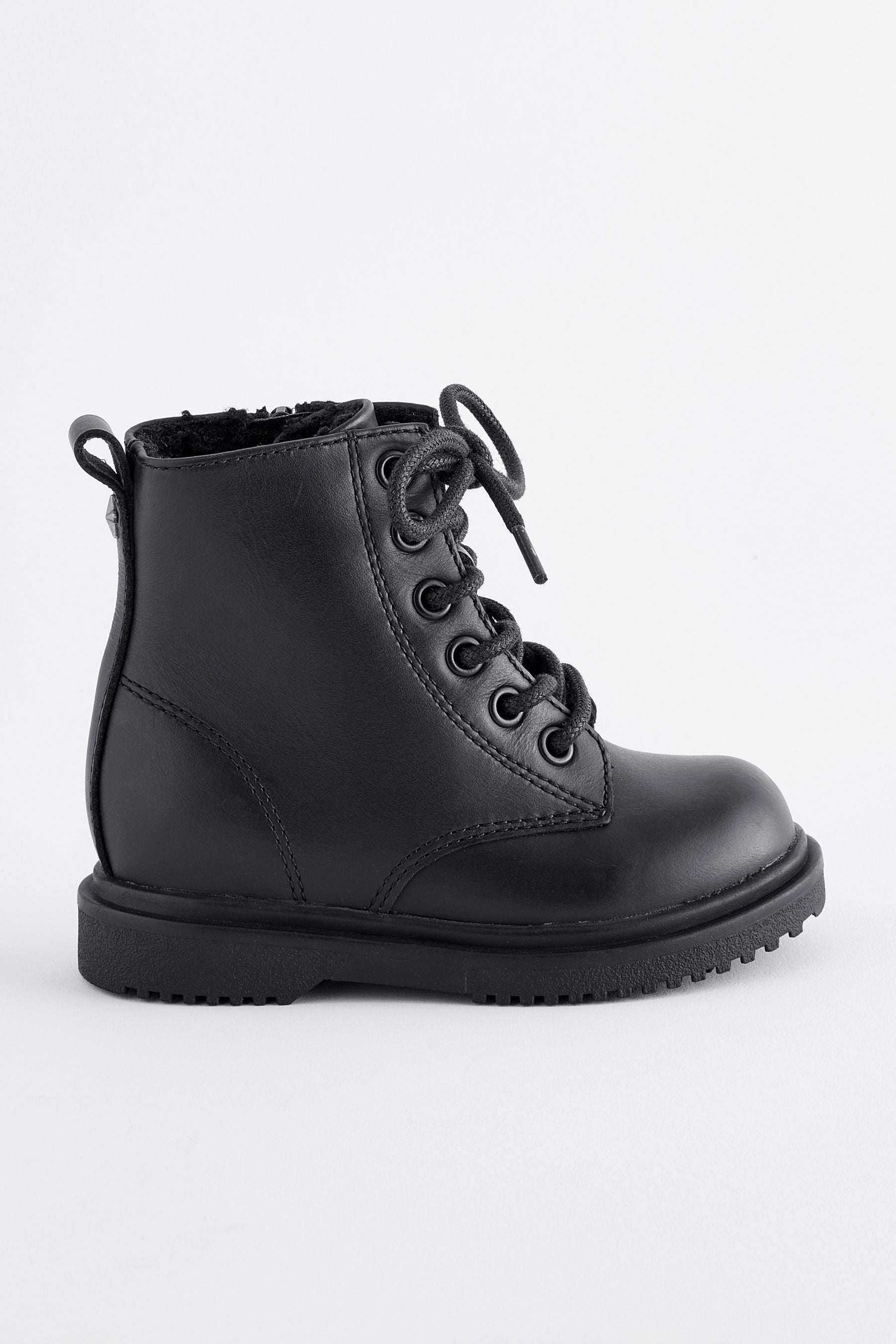 Black Leather Warm Lined Lace-Up Boots