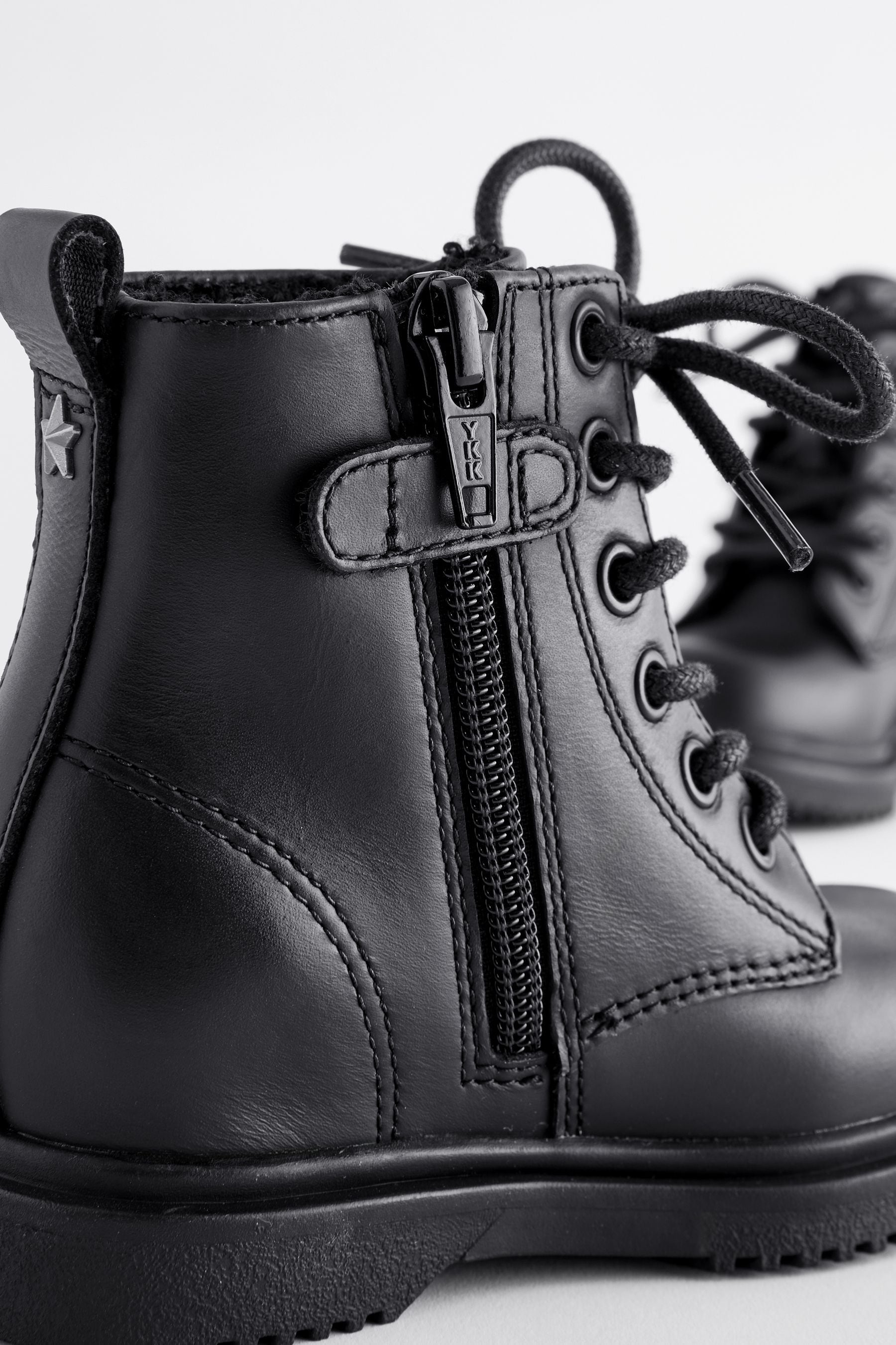 Black Leather Warm Lined Lace-Up Boots