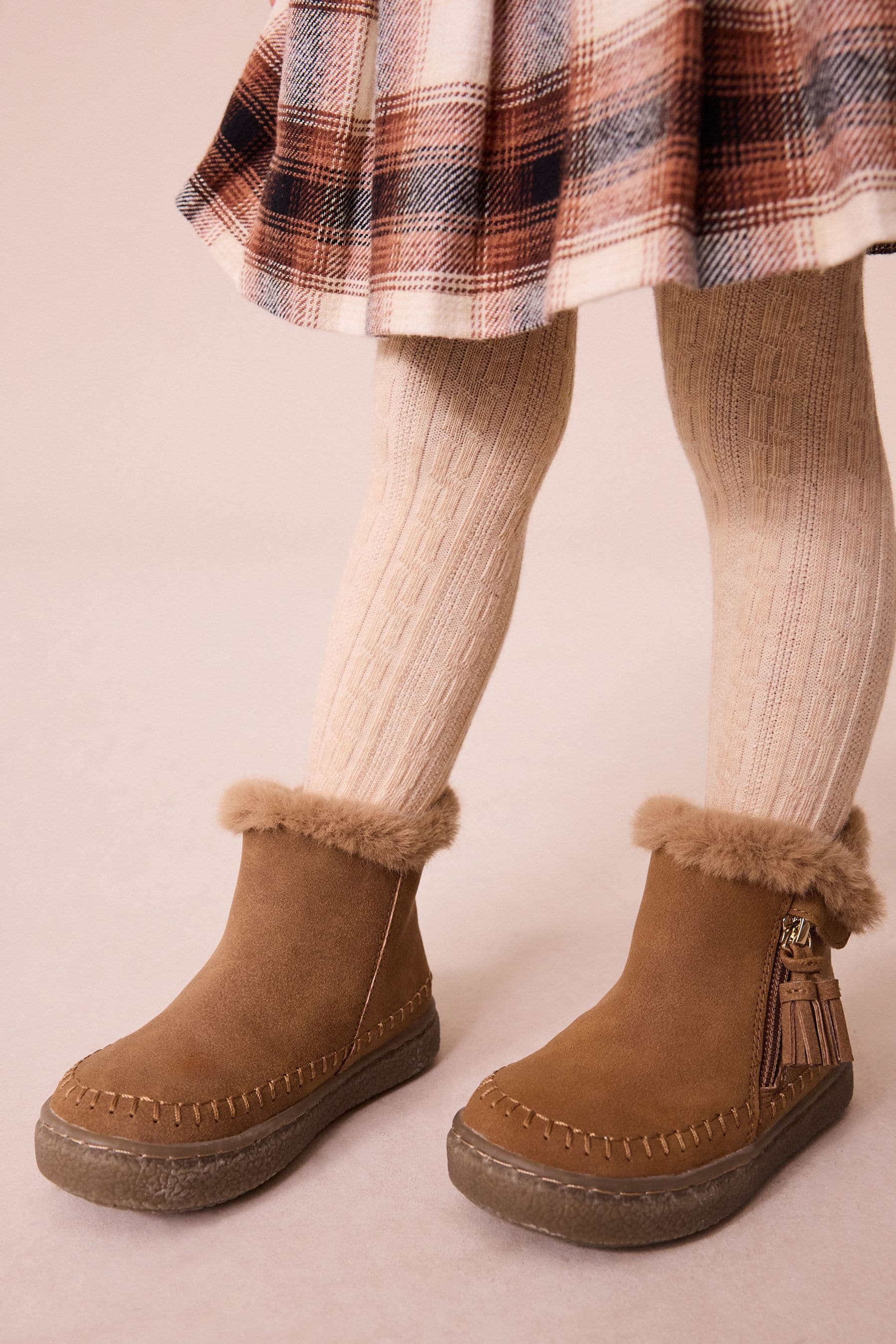 Tan Brown Faux Fur Lined Tassel Boots