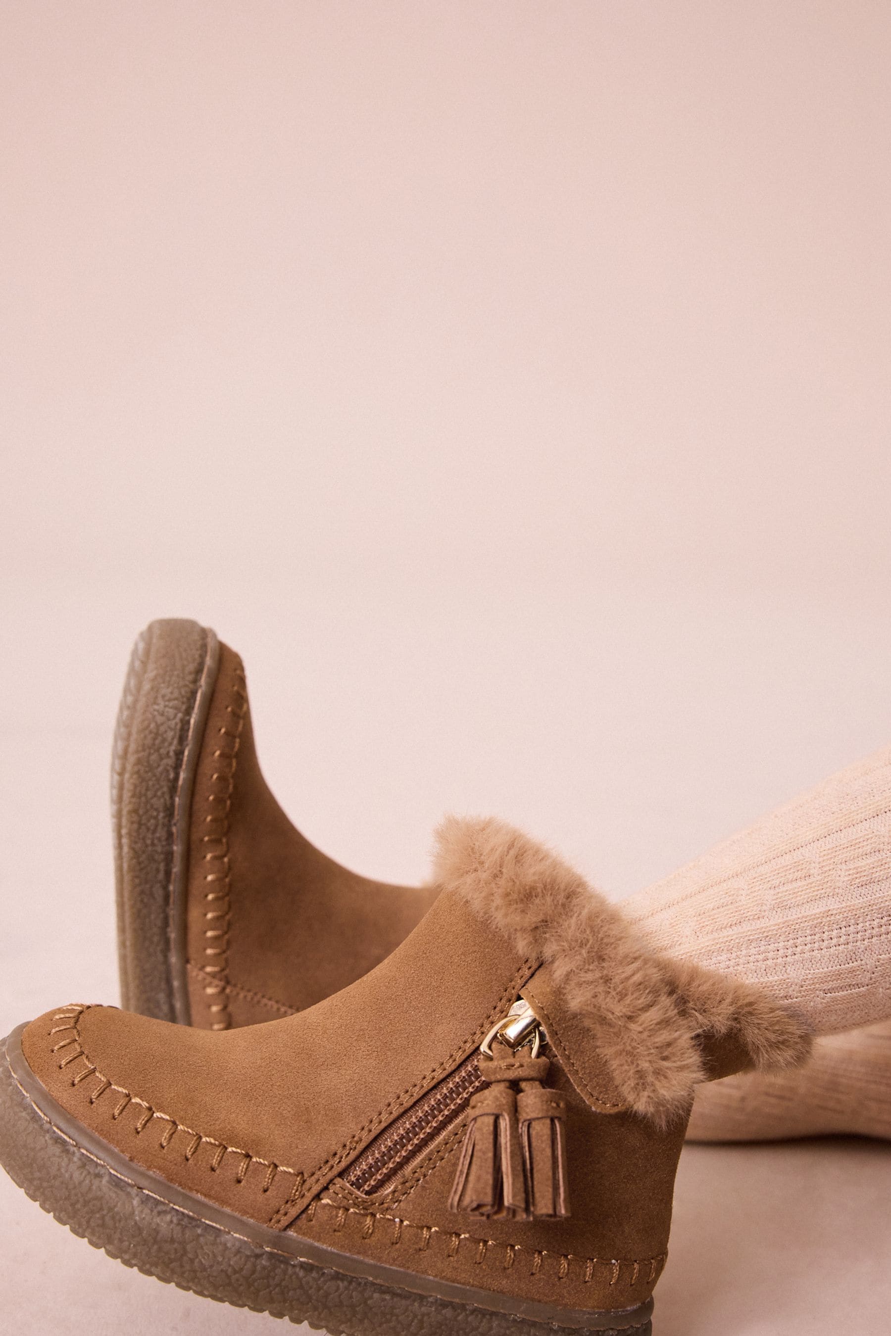 Tan Brown Faux Fur Lined Tassel Boots