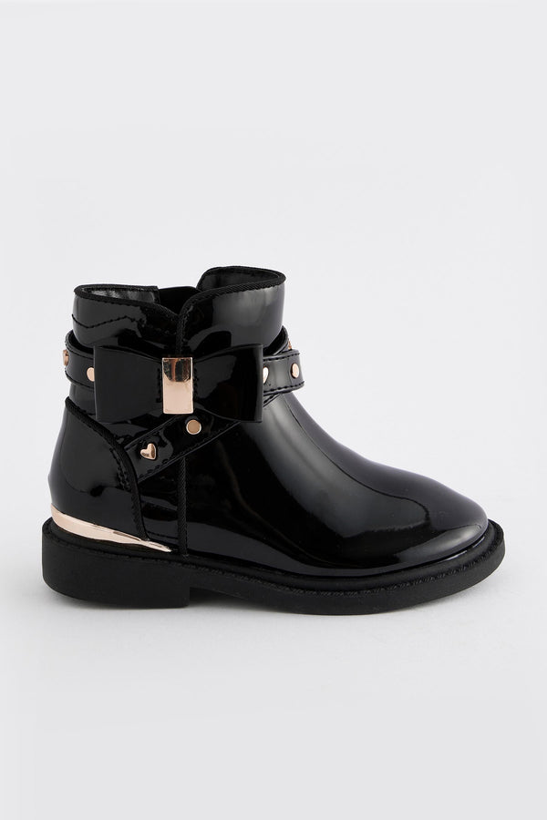 Black Patent Bow Ankle Boots