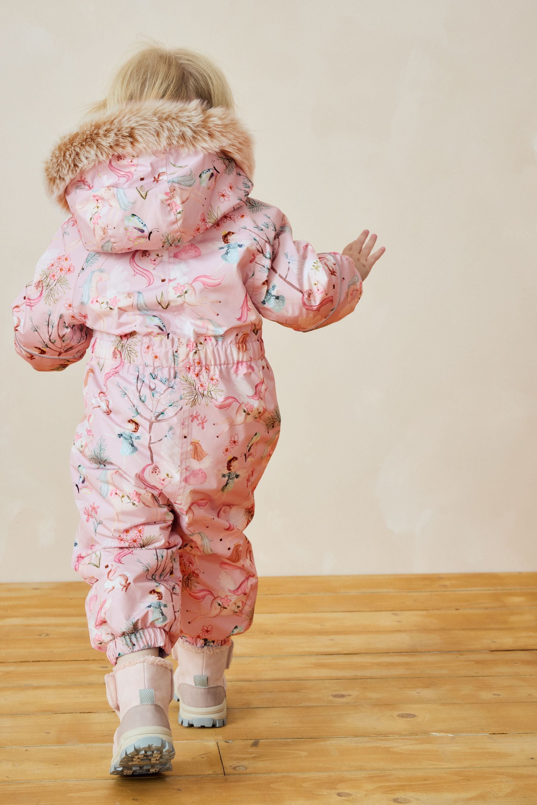 Pink Unicorn Waterproof Faux Fur Trim Printed Snowsuit (3mths-7yrs)