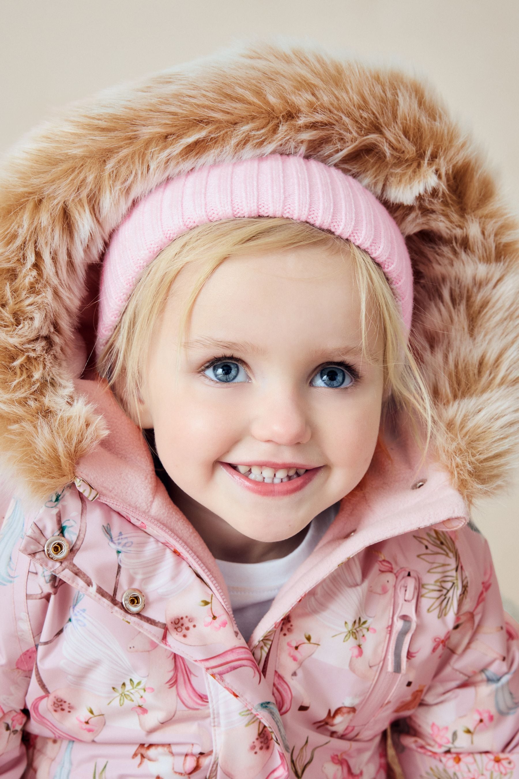 Pink Unicorn Waterproof Faux Fur Trim Printed Snowsuit (3mths-7yrs)