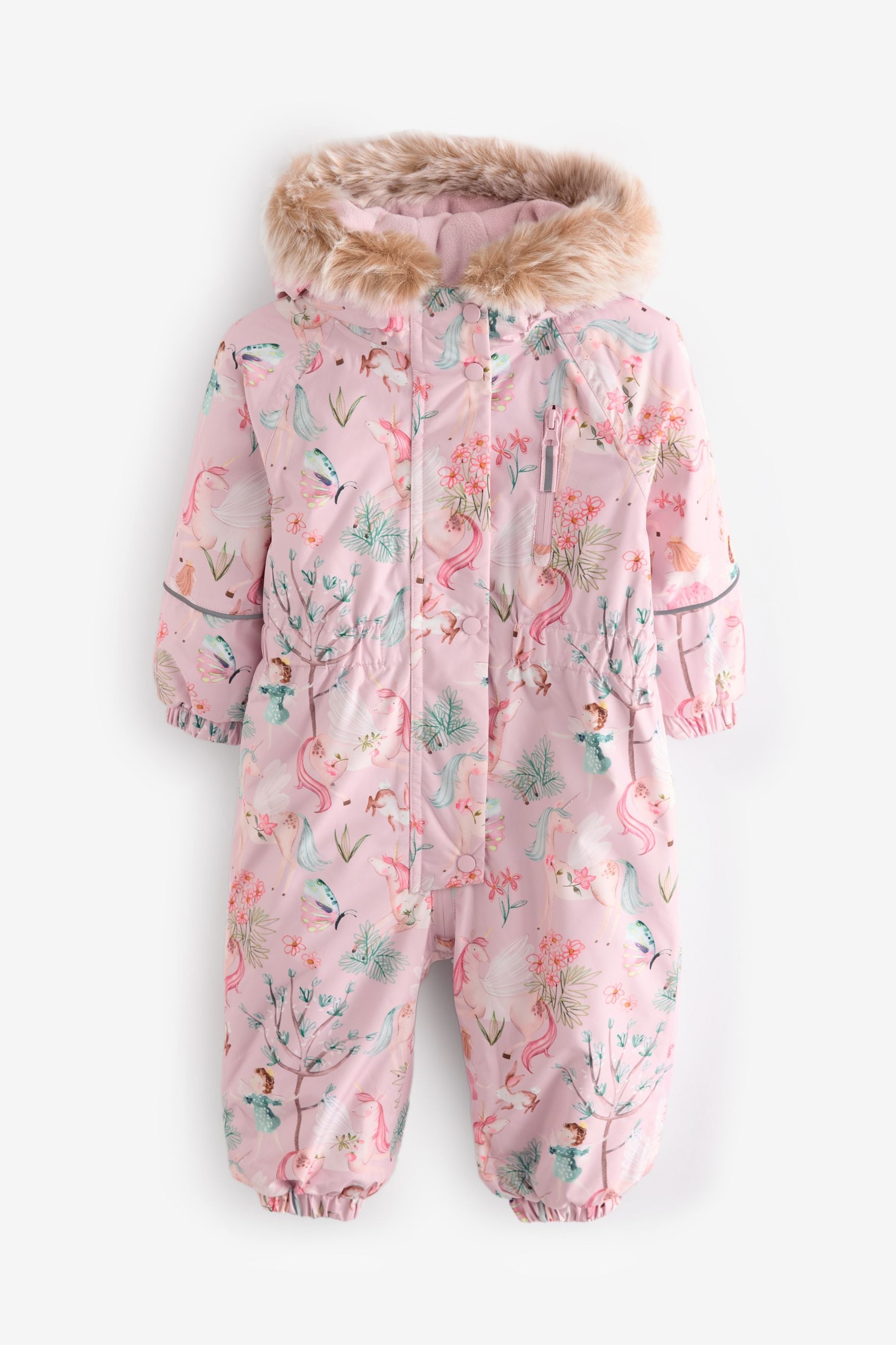 Pink Unicorn Waterproof Faux Fur Trim Printed Snowsuit (3mths-7yrs)