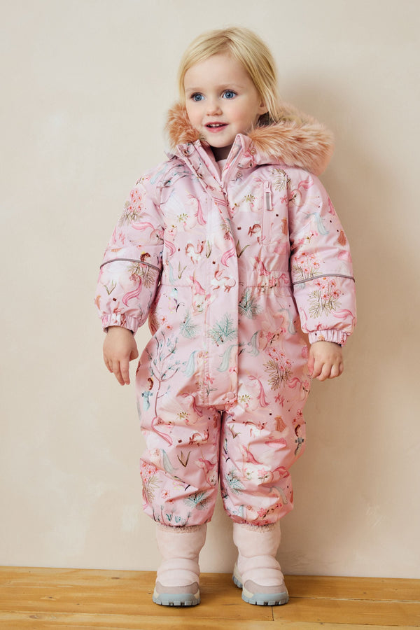 Pink Unicorn Waterproof Faux Fur Trim Printed Snowsuit (3mths-7yrs)