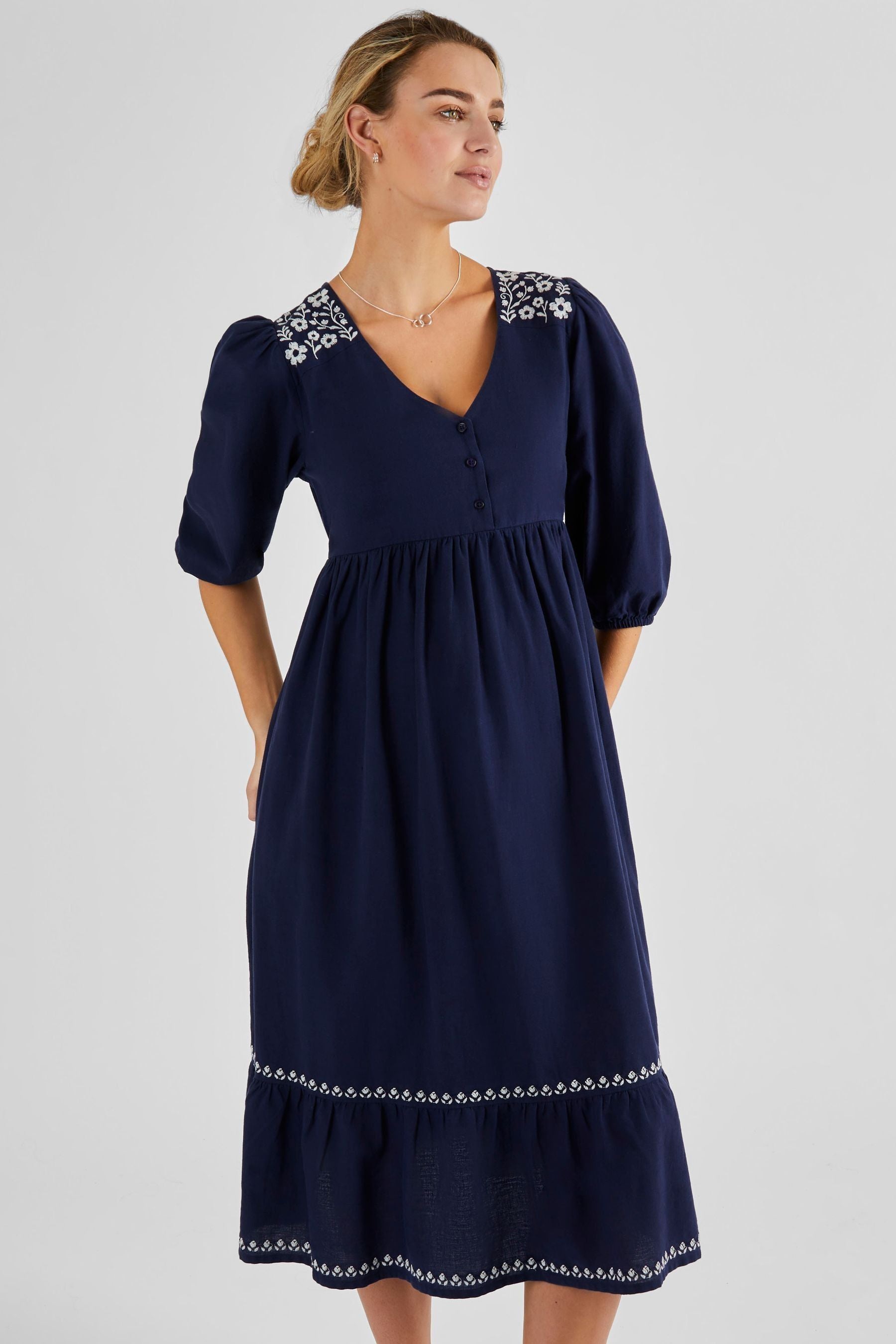 Navy JoJo Maman Bébé Linen Blend Embroidered Maternity Dress