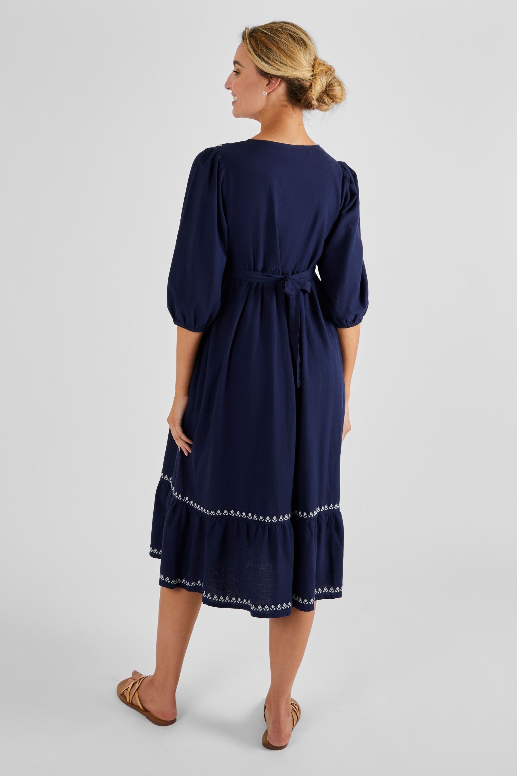 Navy JoJo Maman Bébé Linen Blend Embroidered Maternity Dress