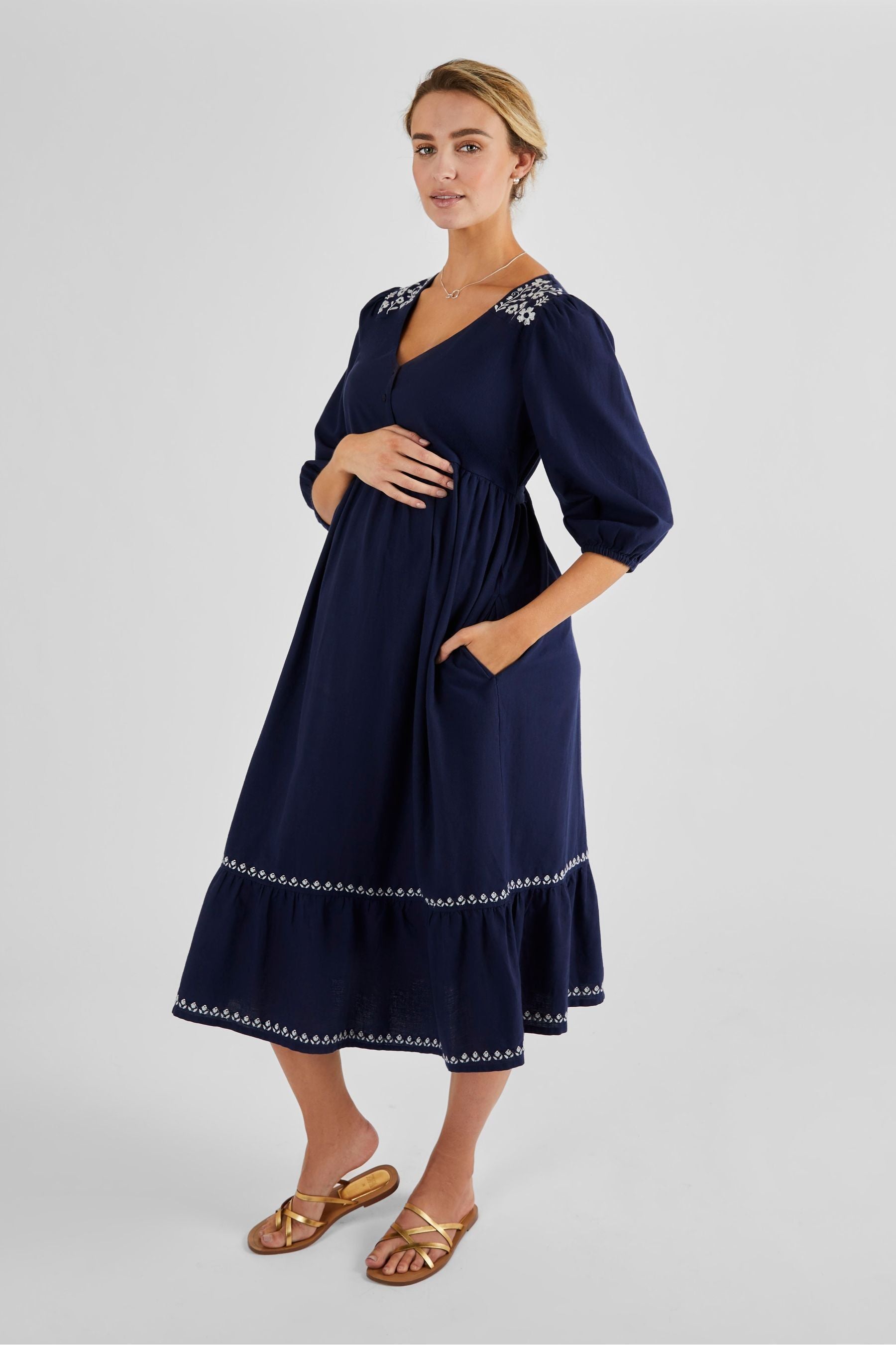 Navy JoJo Maman Bébé Linen Blend Embroidered Maternity Dress