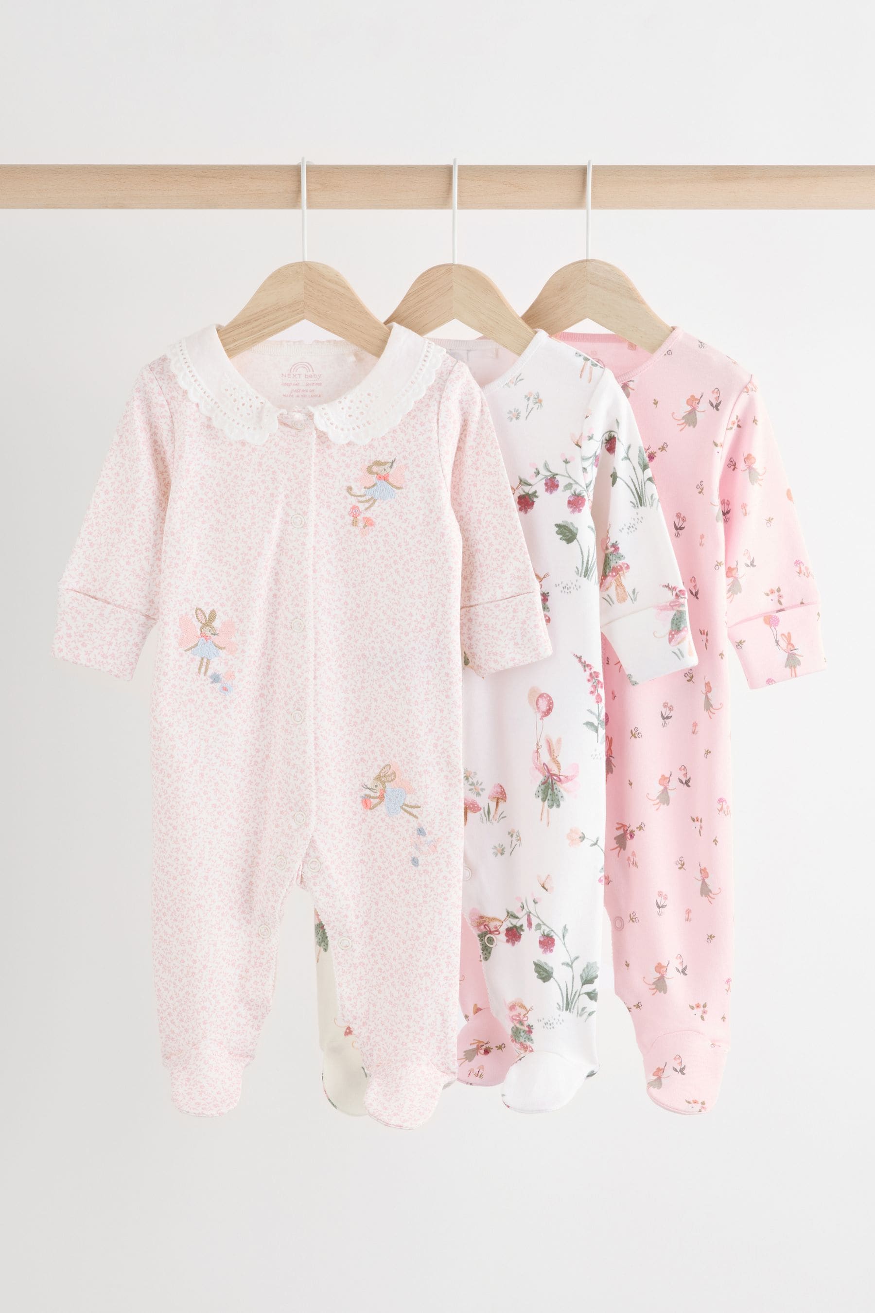 Pink/White Baby 100% Cotton Sleepsuits 3 Pack (0-2yrs)