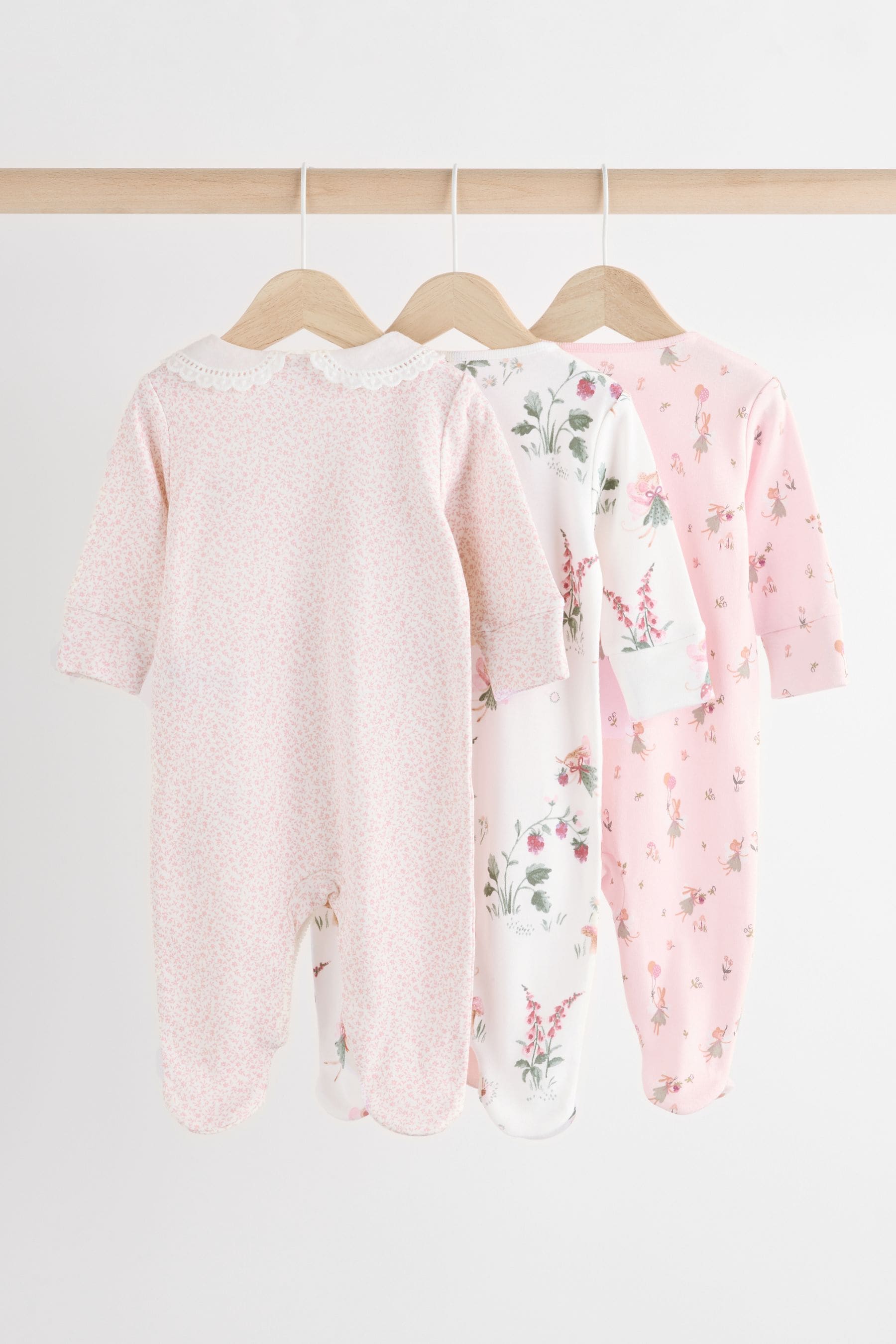 Pink/White Baby 100% Cotton Sleepsuits 3 Pack (0-2yrs)