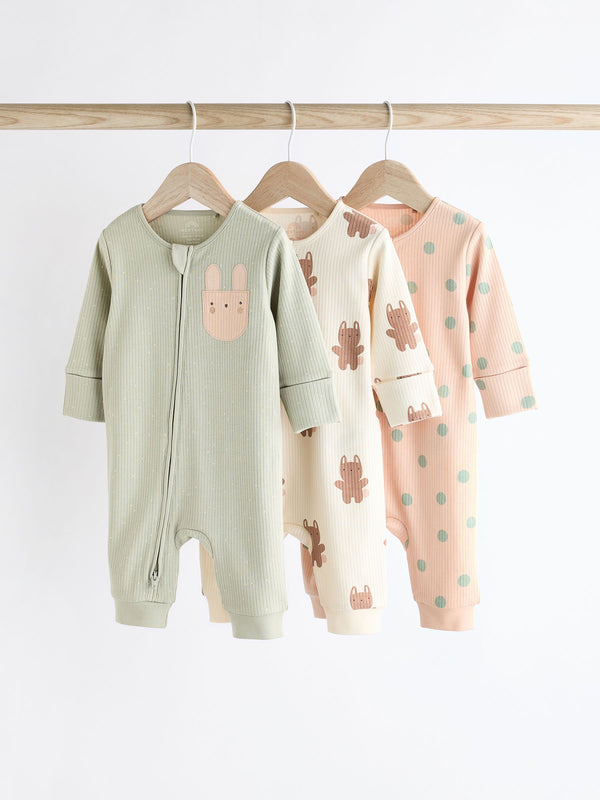 Mint Green Two Way Zip Baby Footless 100% Cotton Sleepsuits 3 Pack (0mths-3yrs)