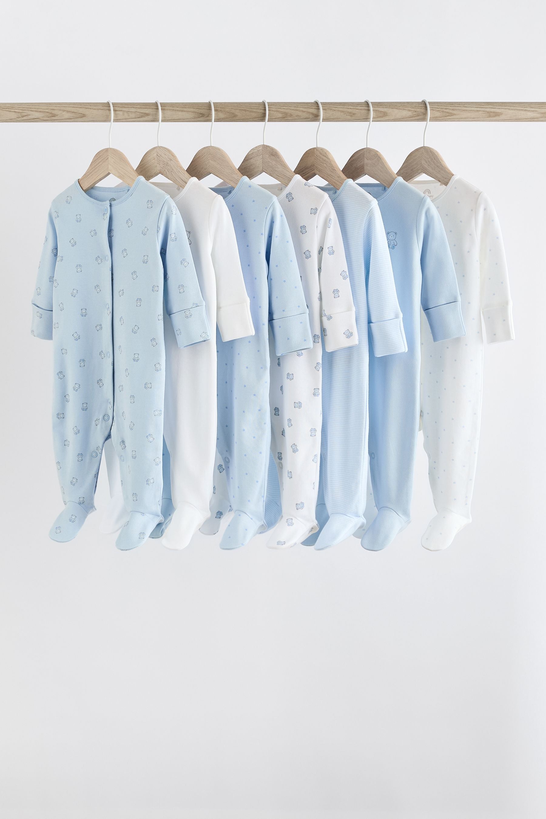 Blue 7 Pack Baby Bear Sleepsuits (0-2yrs)