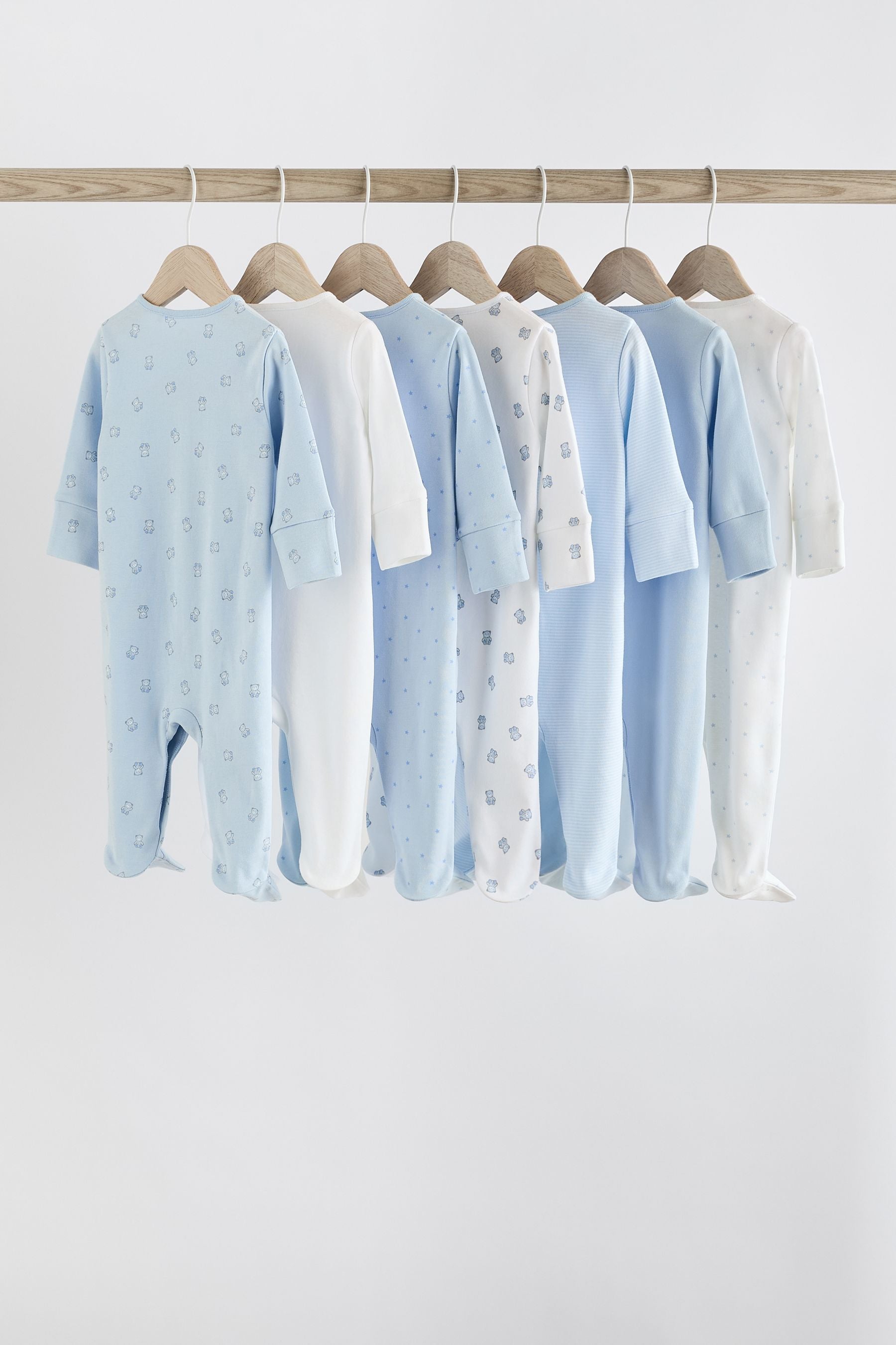 Blue 7 Pack Baby Bear Sleepsuits (0-2yrs)