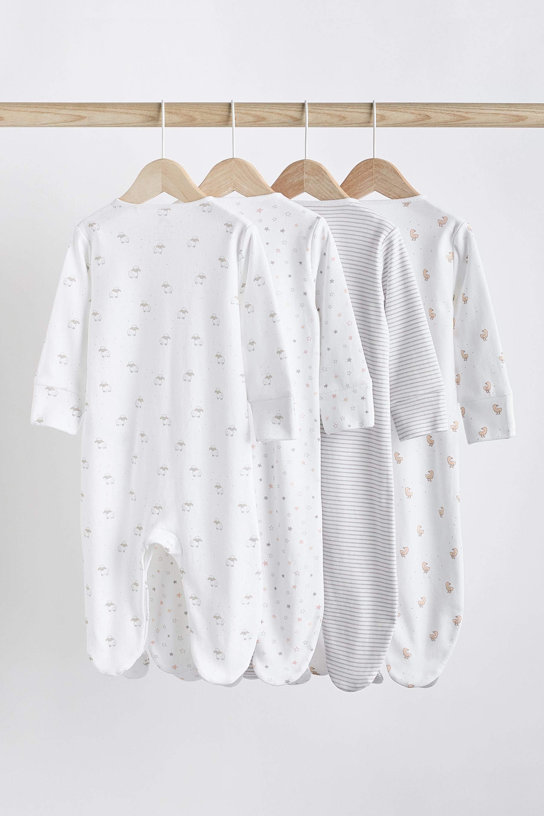 White 4 Pack Delicate Animal Baby Printed Sleepsuits (0-2yrs)