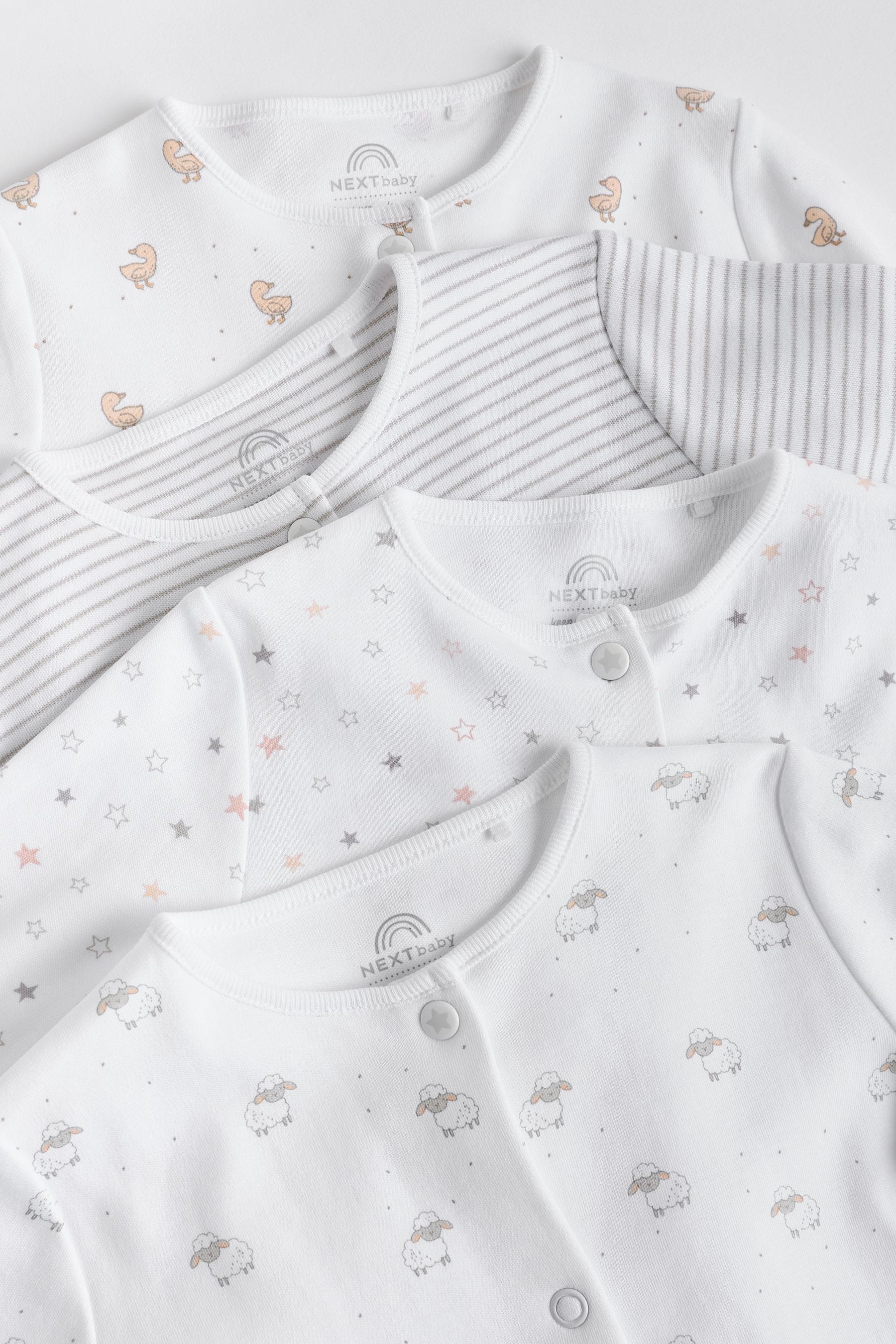 White 4 Pack Baby Delicate Animal Printed 100% Cotton Sleepsuits (0-2yrs)