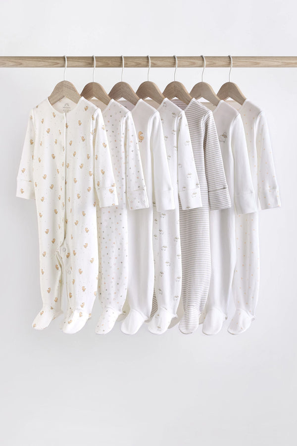 White 7 Pack Baby Delicate Animal Printed 100% Cotton Sleepsuits (0-2yrs)