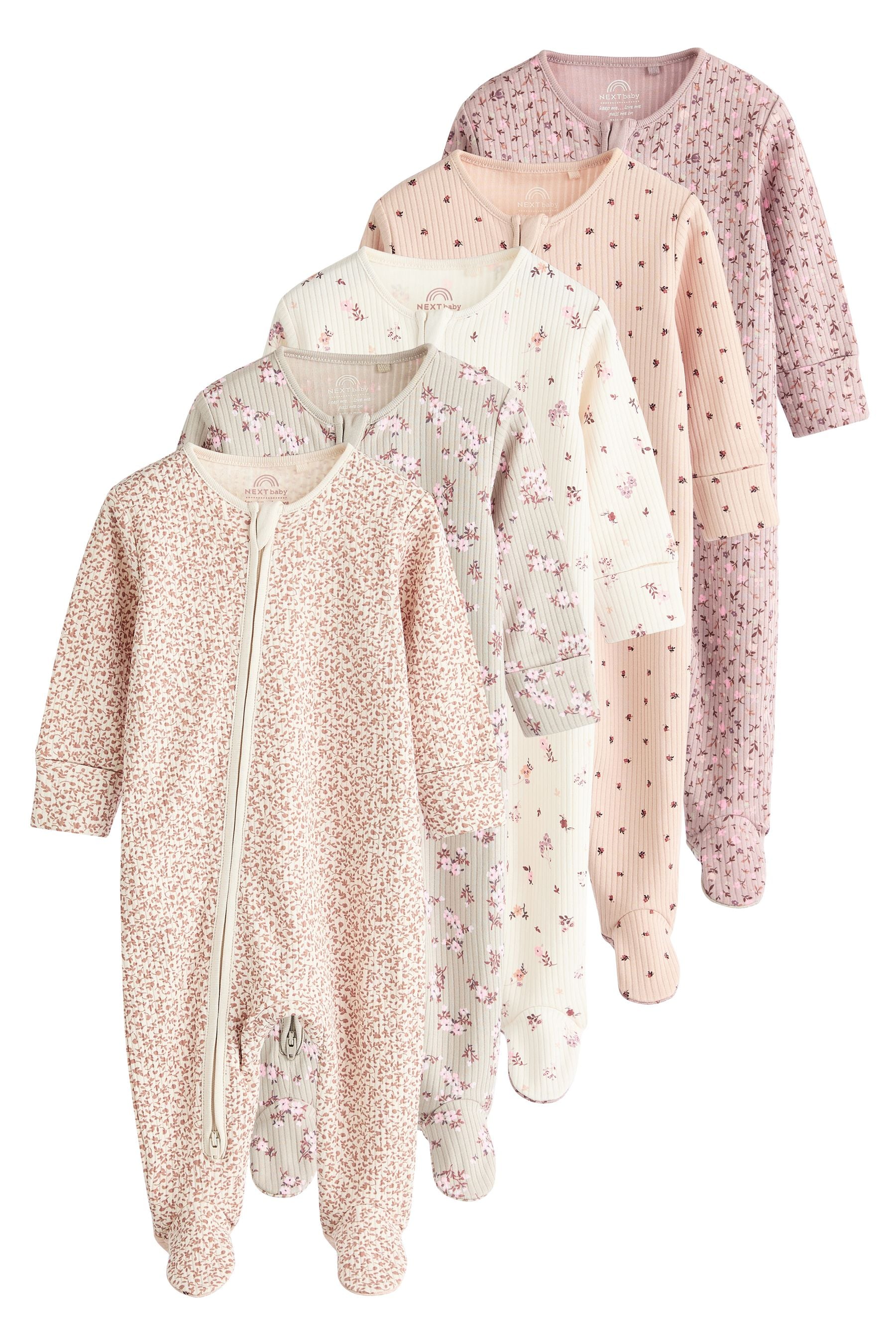 Caramel Brown Two Way Zip Baby Sleepsuit 5 Pack (0-2yrs)