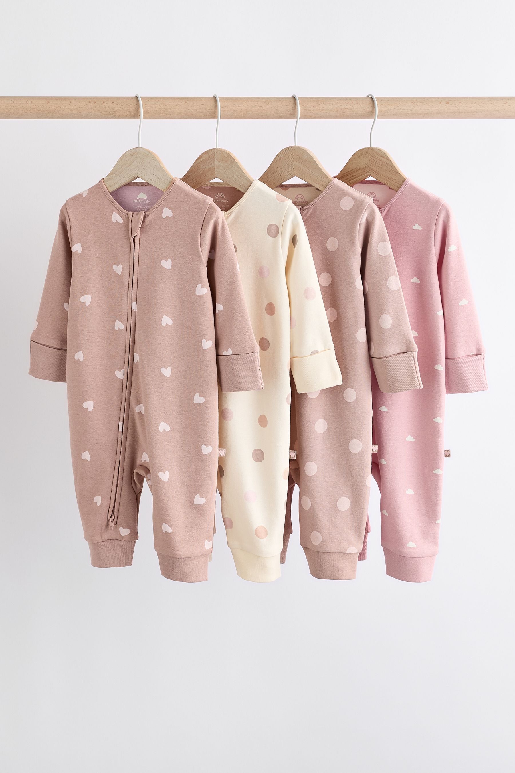 Brown/Pink 4 Pack Baby Two Way Zip 100% Cotton Sleepsuit (0mths-3yrs)