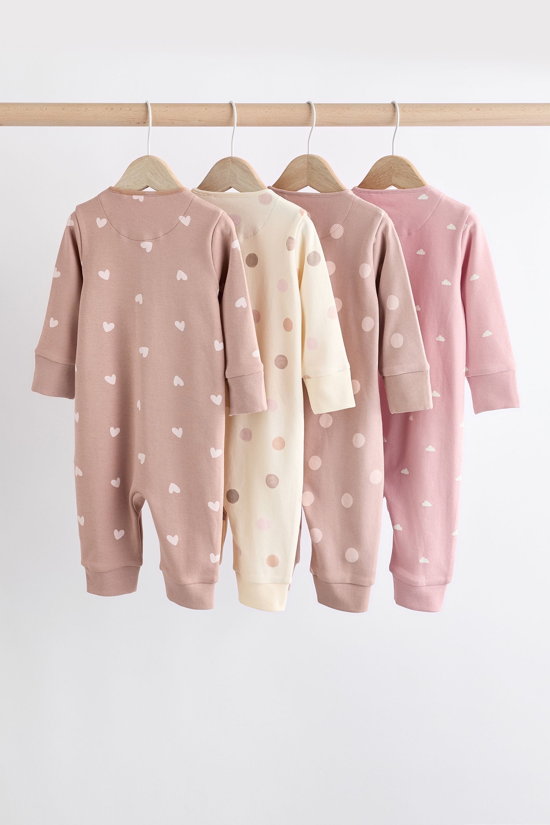 Brown/Pink 4 Pack Baby Two Way Zip 100% Cotton Sleepsuit (0mths-3yrs)