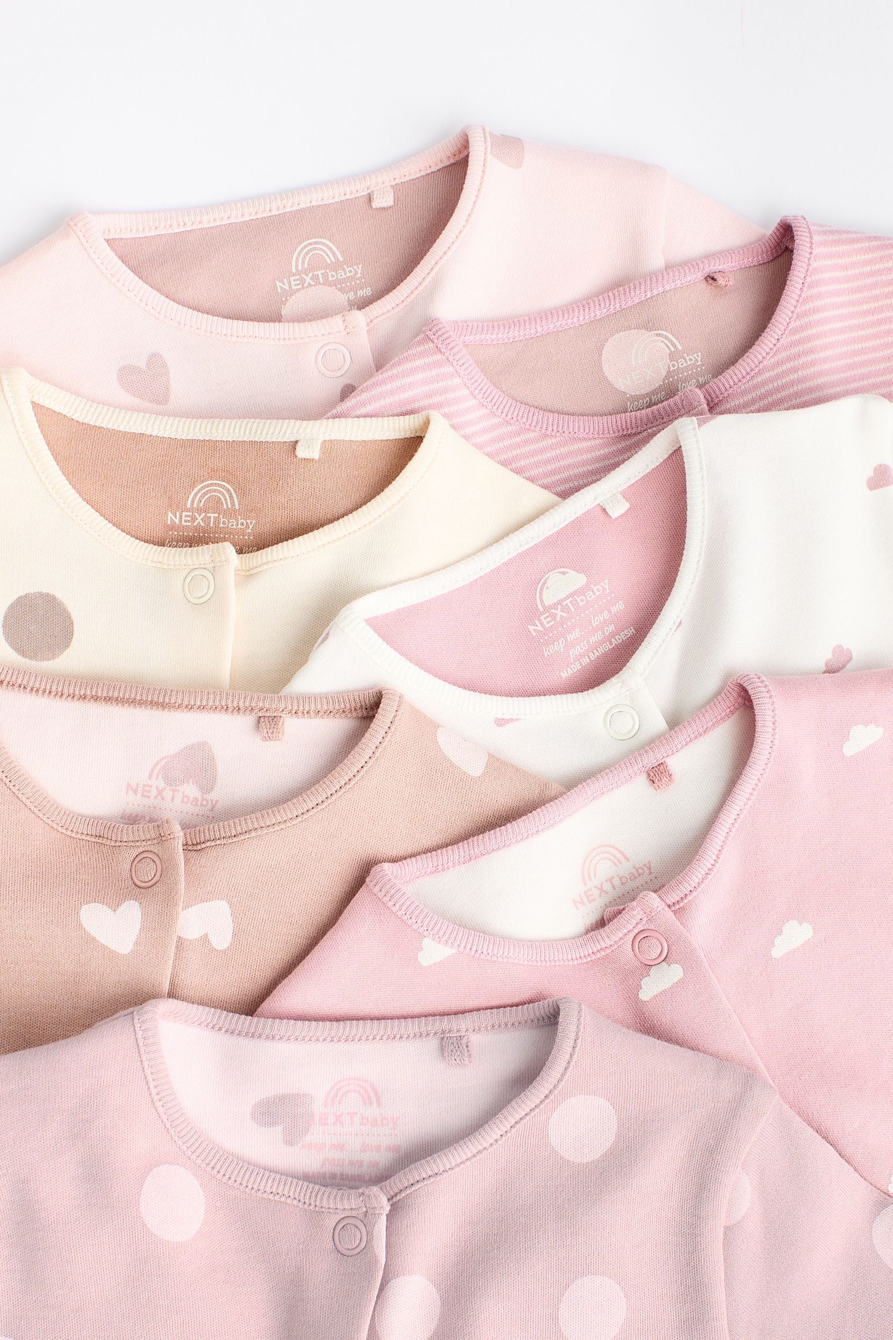 Pink 7 Pack Two Way Zip Baby Sleepsuits (0mths-3yrs)