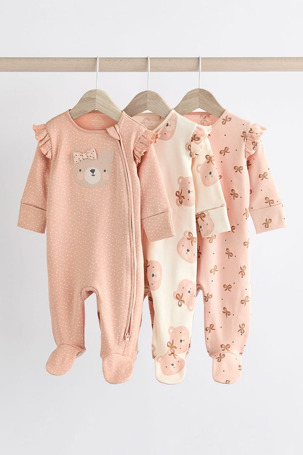 Pink Bear Two Way 100% Cotton Zip Baby Sleepsuits 3 Pack (0mths-2yrs)