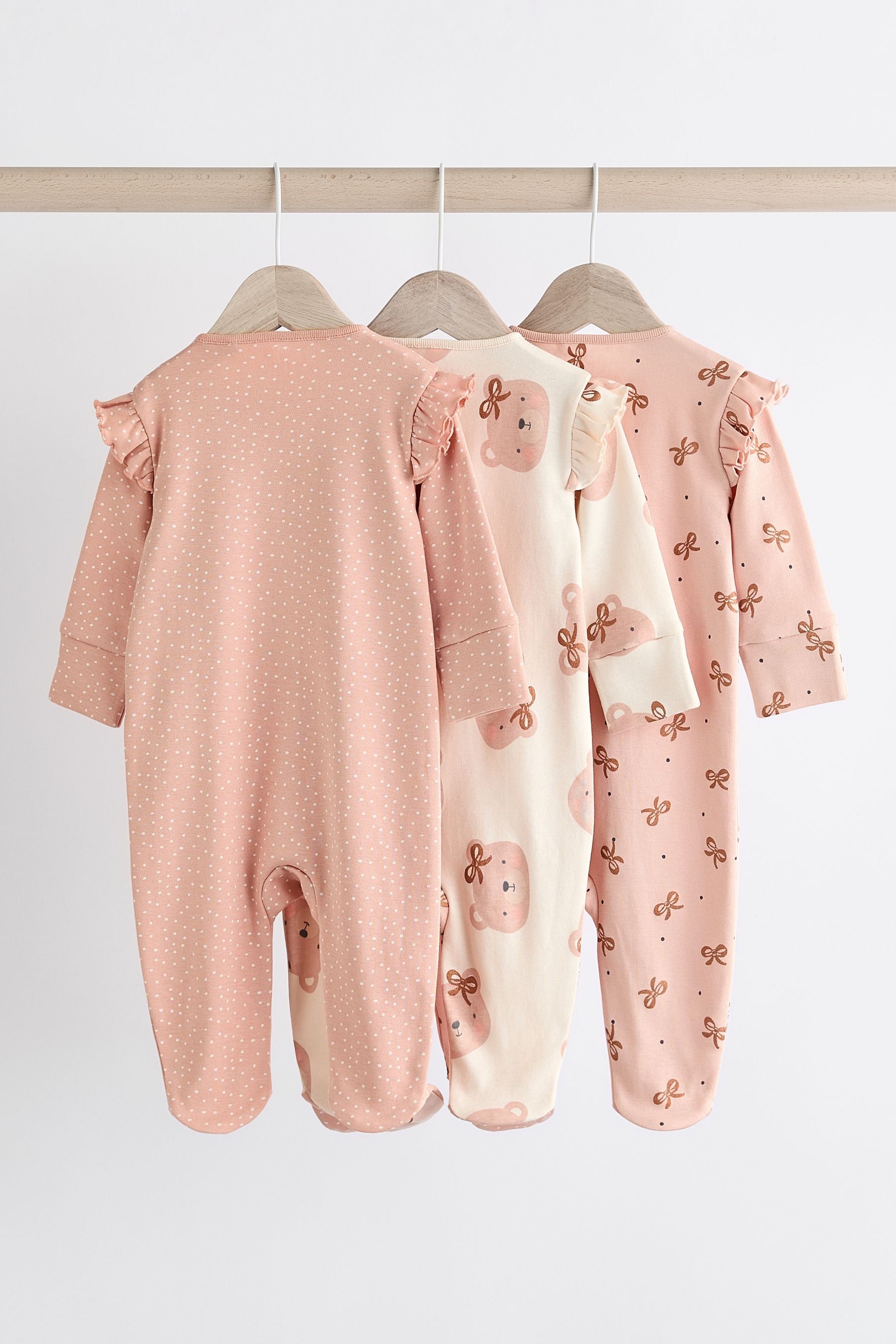 Pink Bear Two Way 100% Cotton Zip Baby Sleepsuits 3 Pack (0mths-2yrs)